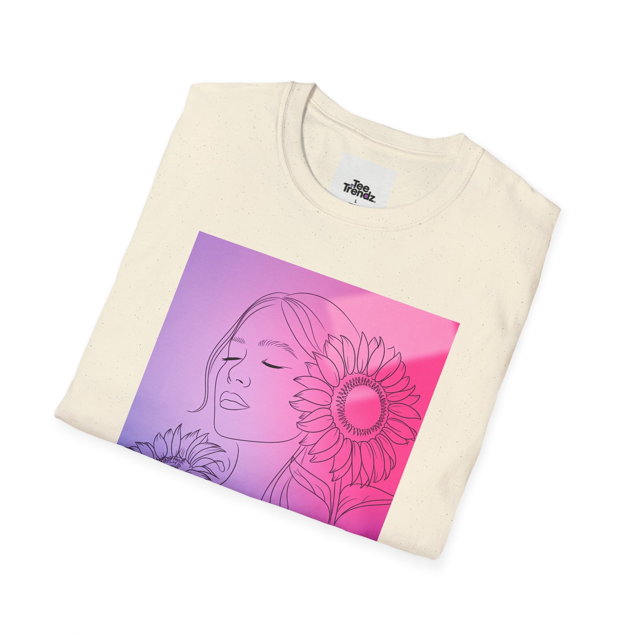 Floral Muse Tee — Pink to Blue Gradient Sunflower Portrait T-Shirt