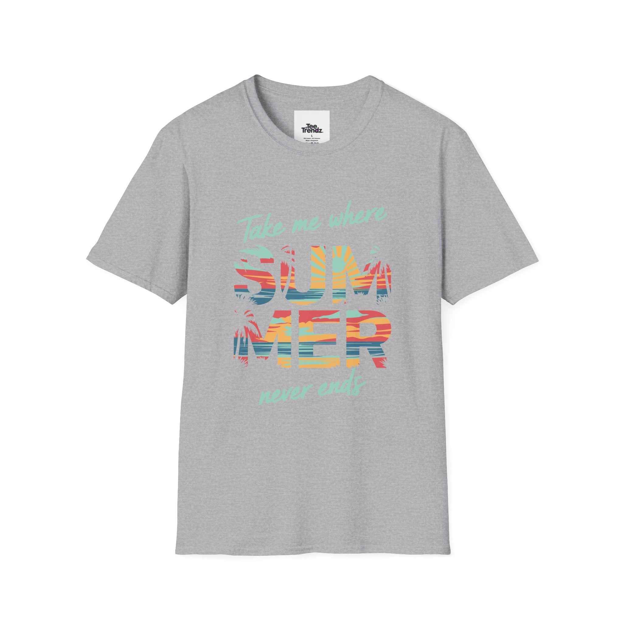Summer Never Ends T-Shirt — "Take Me Where Summer Never Ends" Beach Vibes Tee