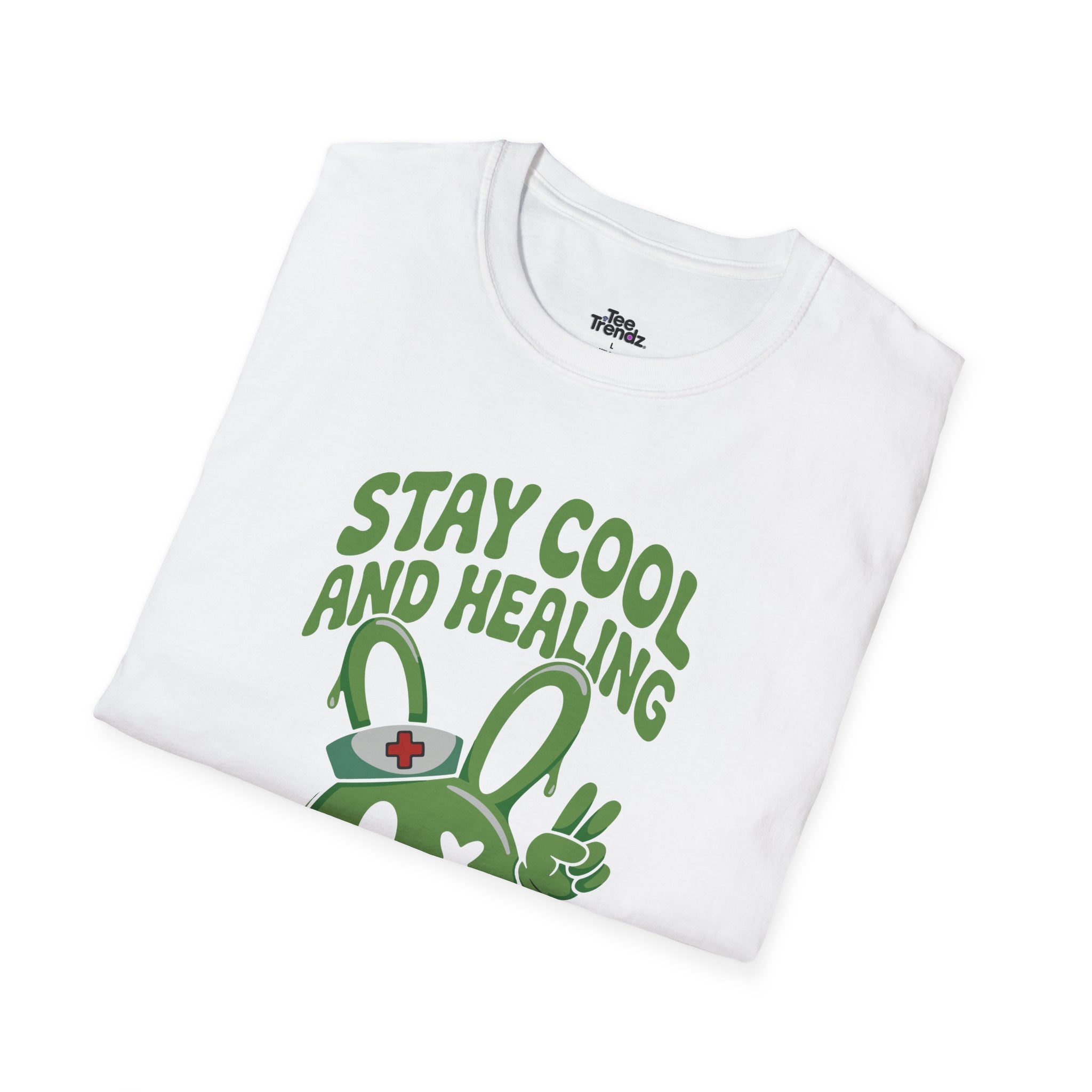 Stay Cool and Healing Graphic T-Shirt — Cute Green Bunny Peace Tee