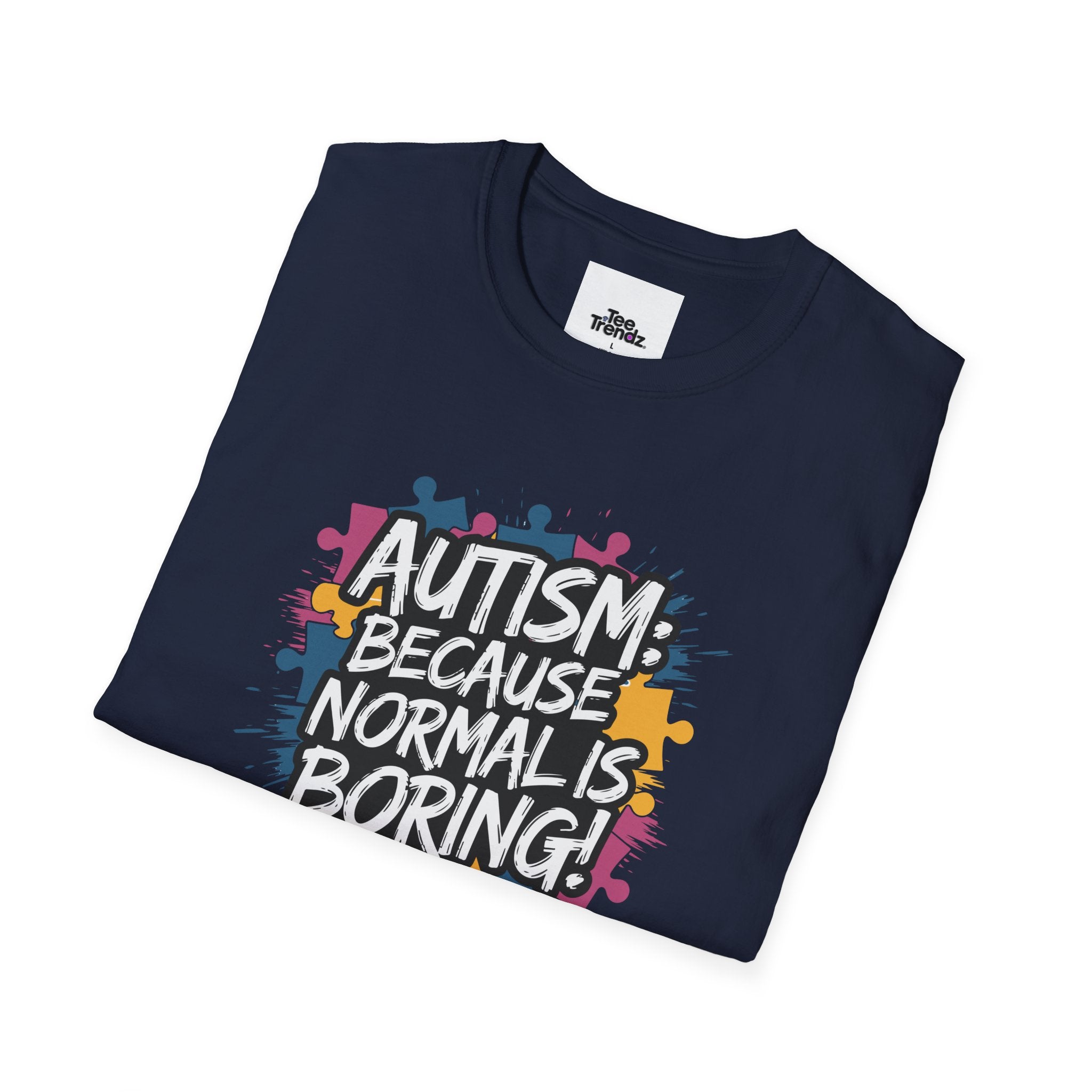 Autism Because Normal Is Boring T-Shirt — Colorful Puzzle Piece Awareness Tee