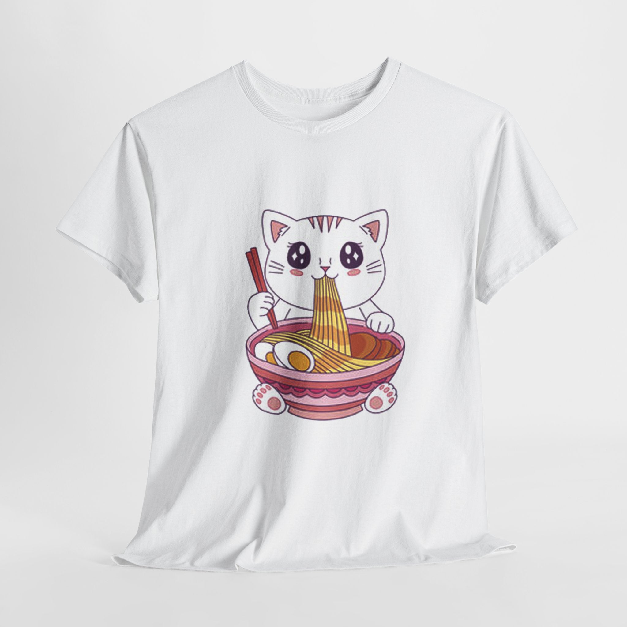 Cute Cat Ramen Tee – Kawaii Kitty Eating Noodles Graphic Shirt