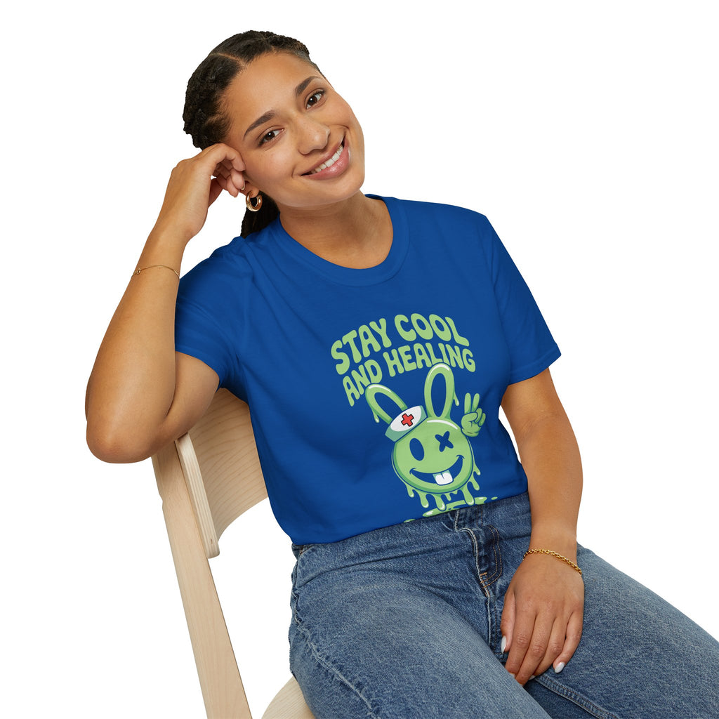 Stay Cool and Healing Graphic T-Shirt — Cute Green Bunny Peace Tee