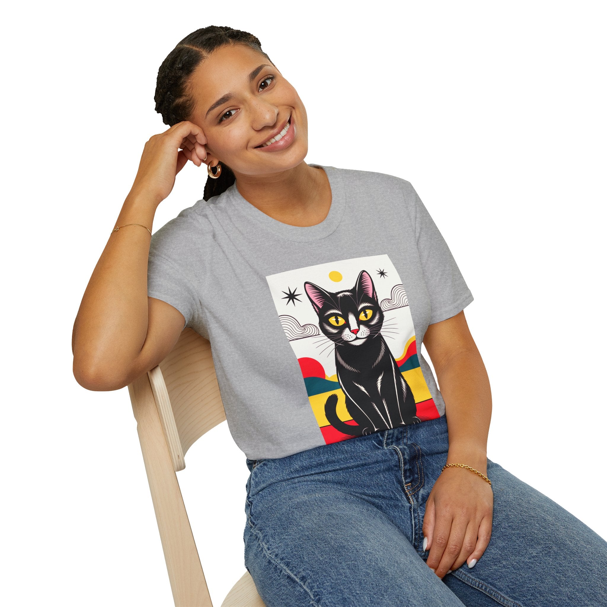 Black Cat Graphic T-Shirt — Retro Sunset Cat Illustration