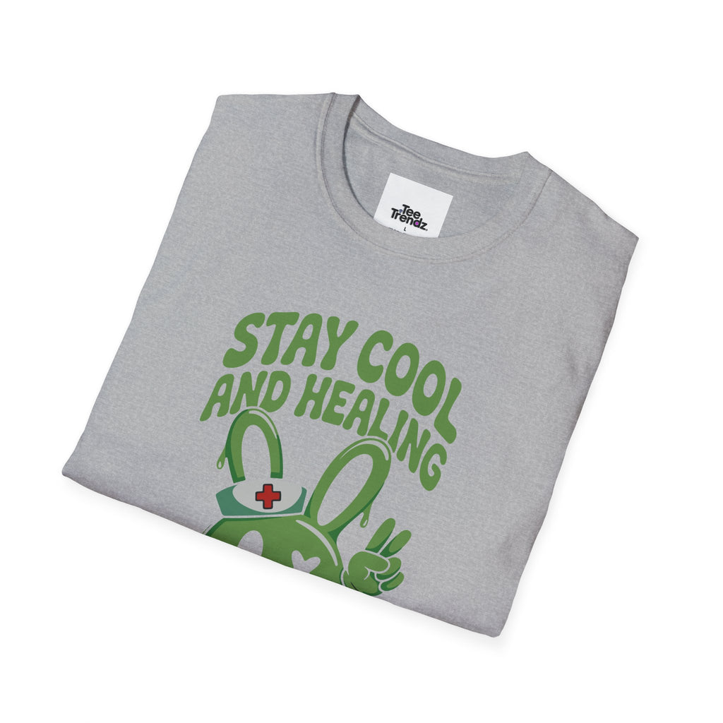 Stay Cool and Healing Graphic T-Shirt — Cute Green Bunny Peace Tee