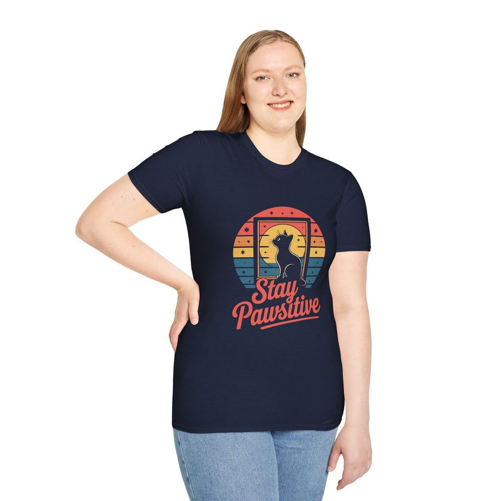Stay Pawsitive Cat T-Shirt — Retro Rainbow Cat Graphic Tee