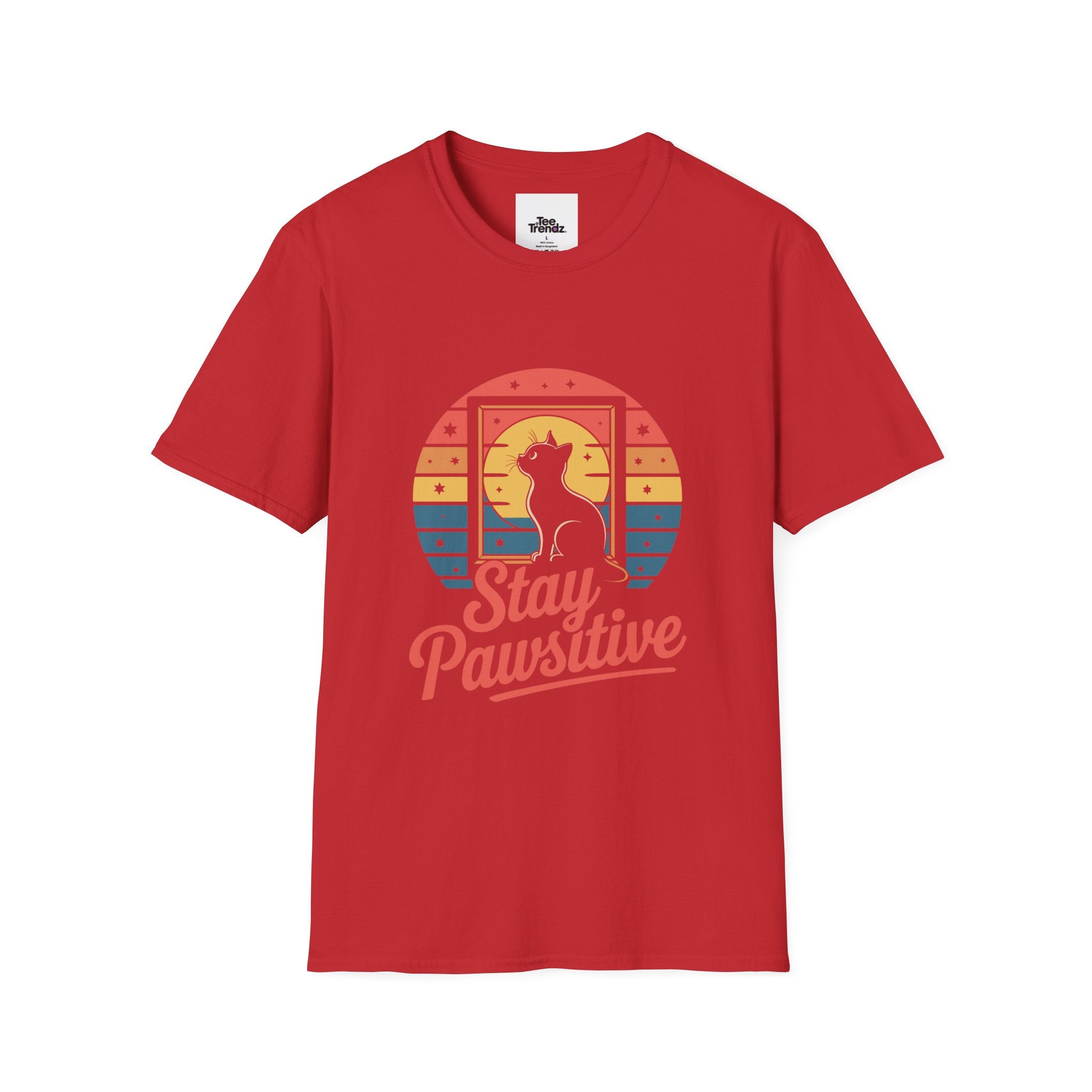 Stay Pawsitive Cat T-Shirt — Retro Rainbow Cat Graphic Tee