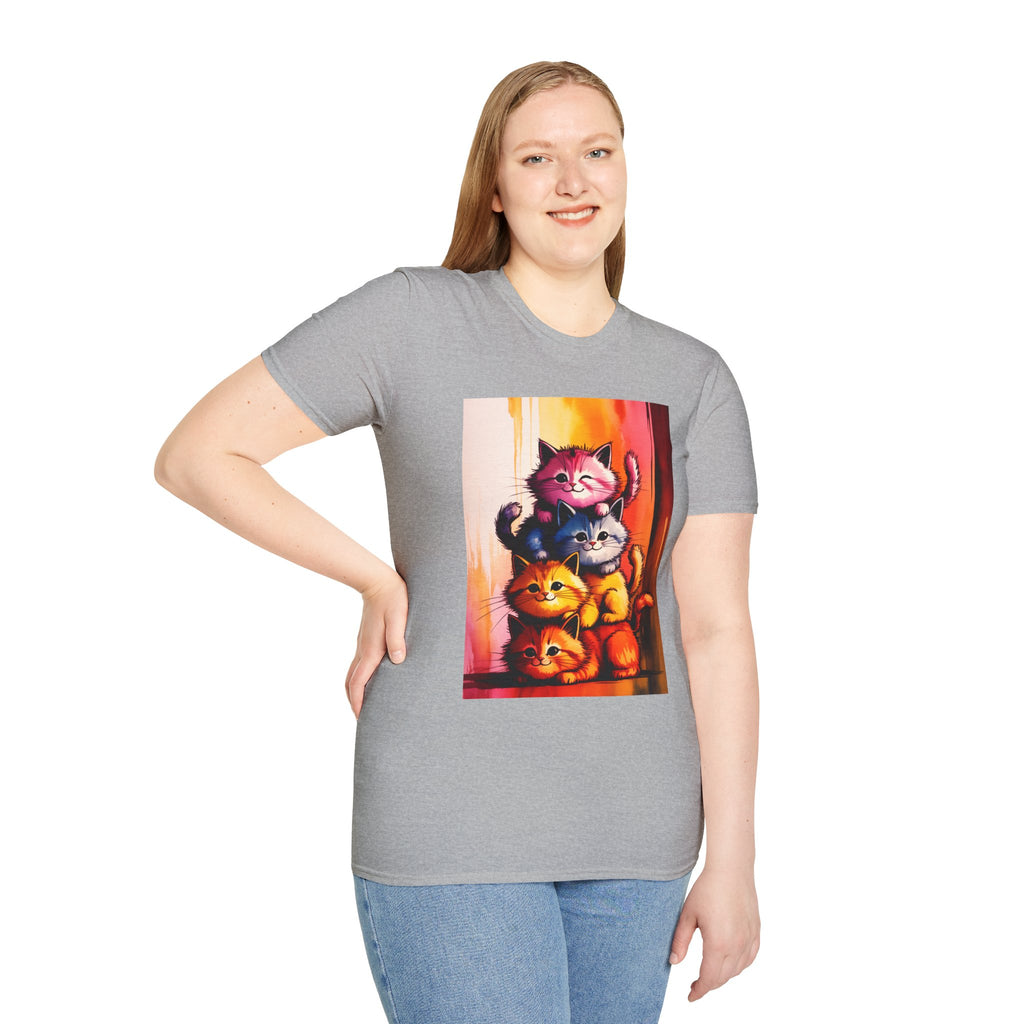 Colorful Stacked Cats T-Shirt — Playful Cute Cat Art Tee