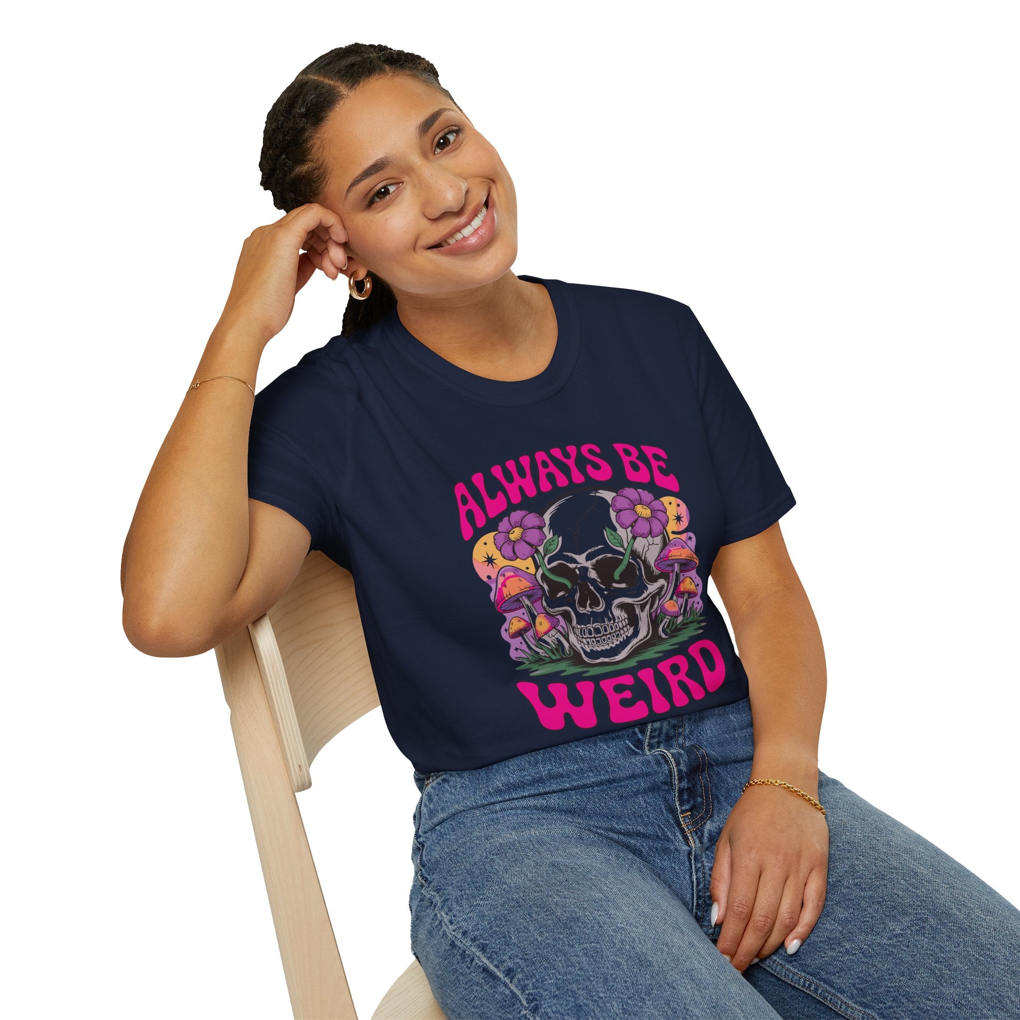 Skull & Mushrooms T-Shirt — "Always Be Weird" Retro Graphic Tee