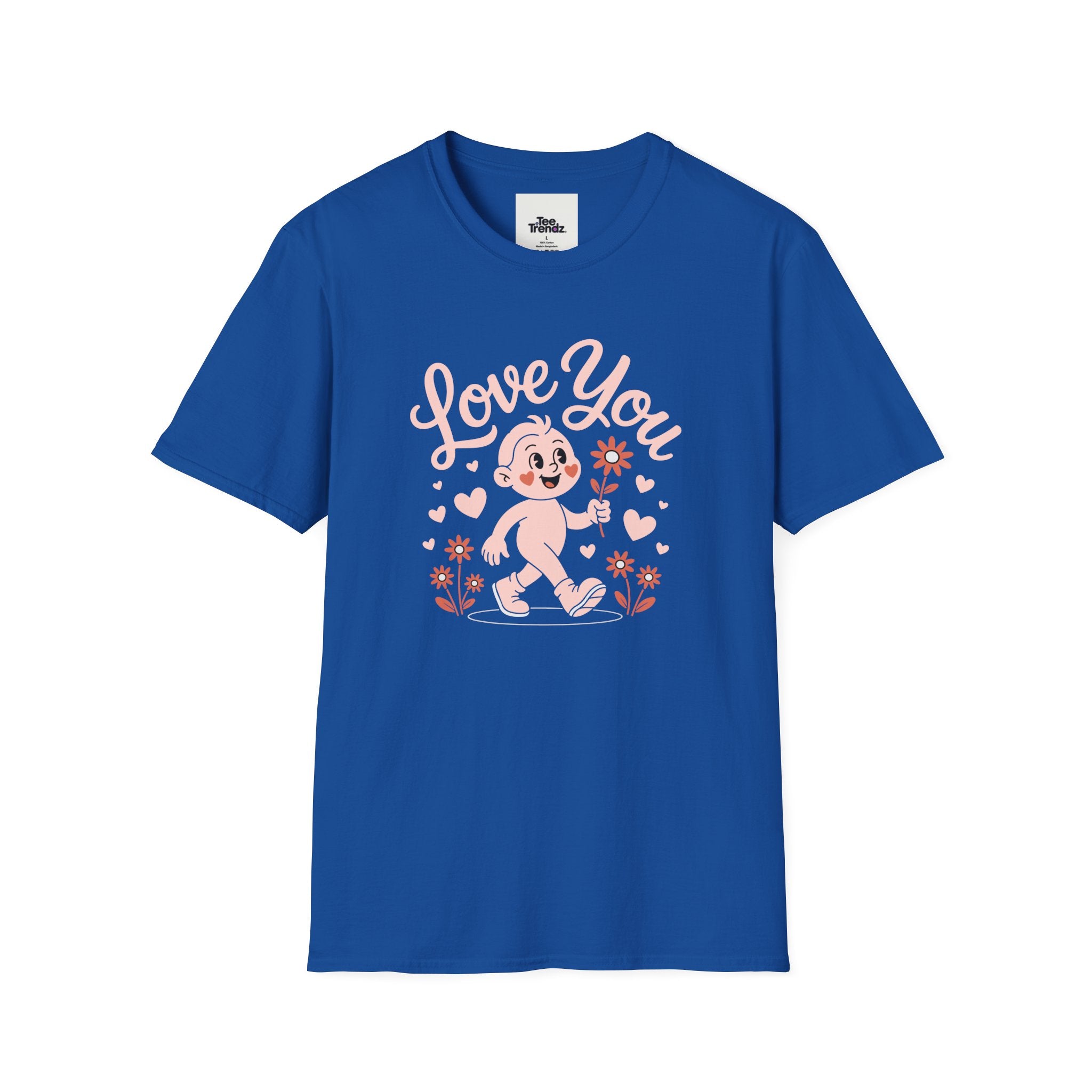 Love You Cute Character T-Shirt — Retro Pink Heart Cartoon Graphic Tee for Valentine’s Day