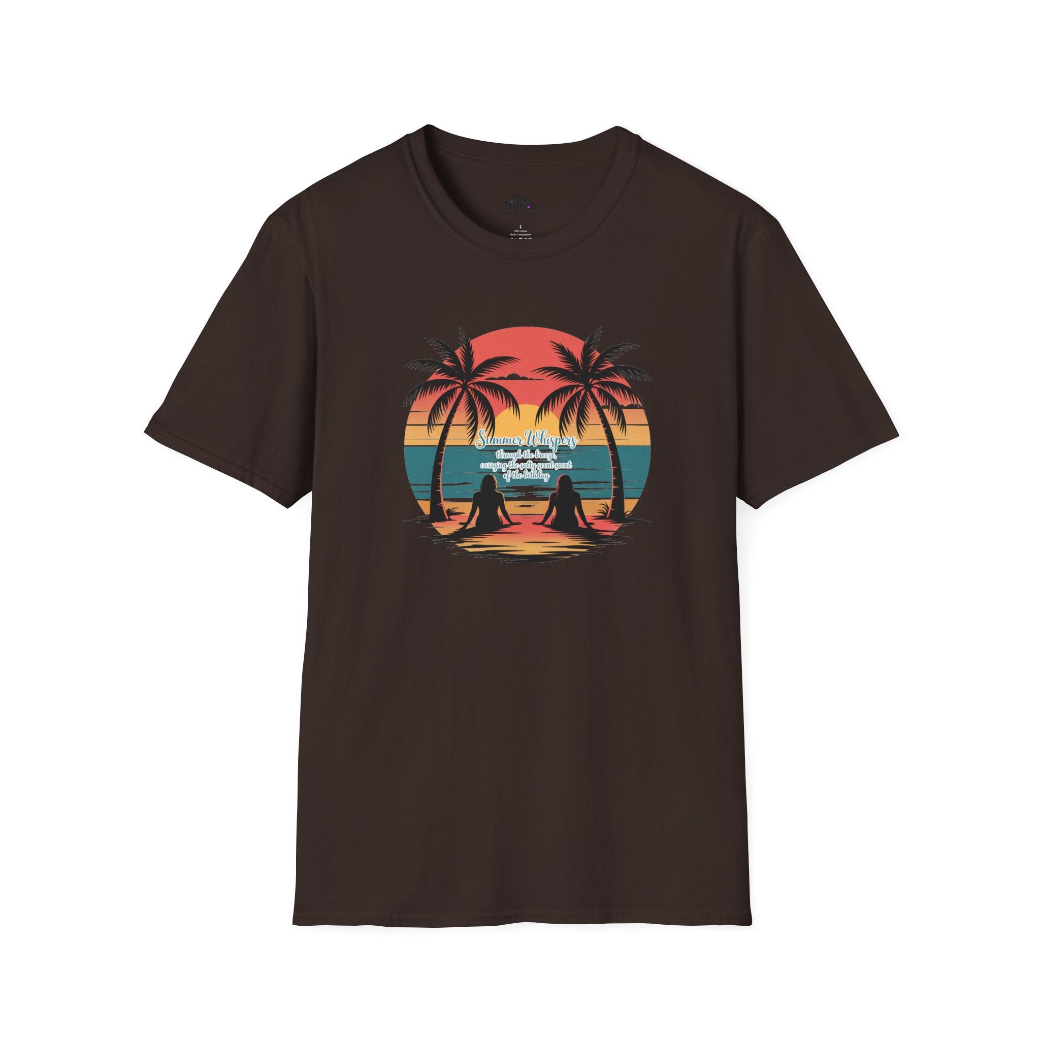 Beach Sunset T-Shirt — Couples Silhouette Palm Tree Graphic Tee (Vintage Rainbow Stripes)