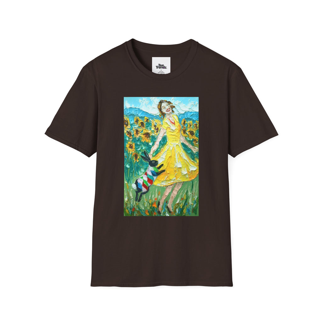 Sunflower Field Dress T-Shirt — Whimsical Girl & Dog Art Tee