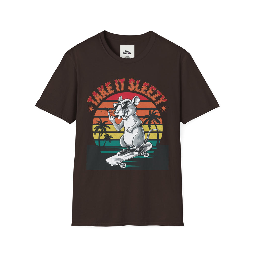 Take It Sleazy Skateboard Rat T-Shirt — Retro Sunset Beach Graphic Tee