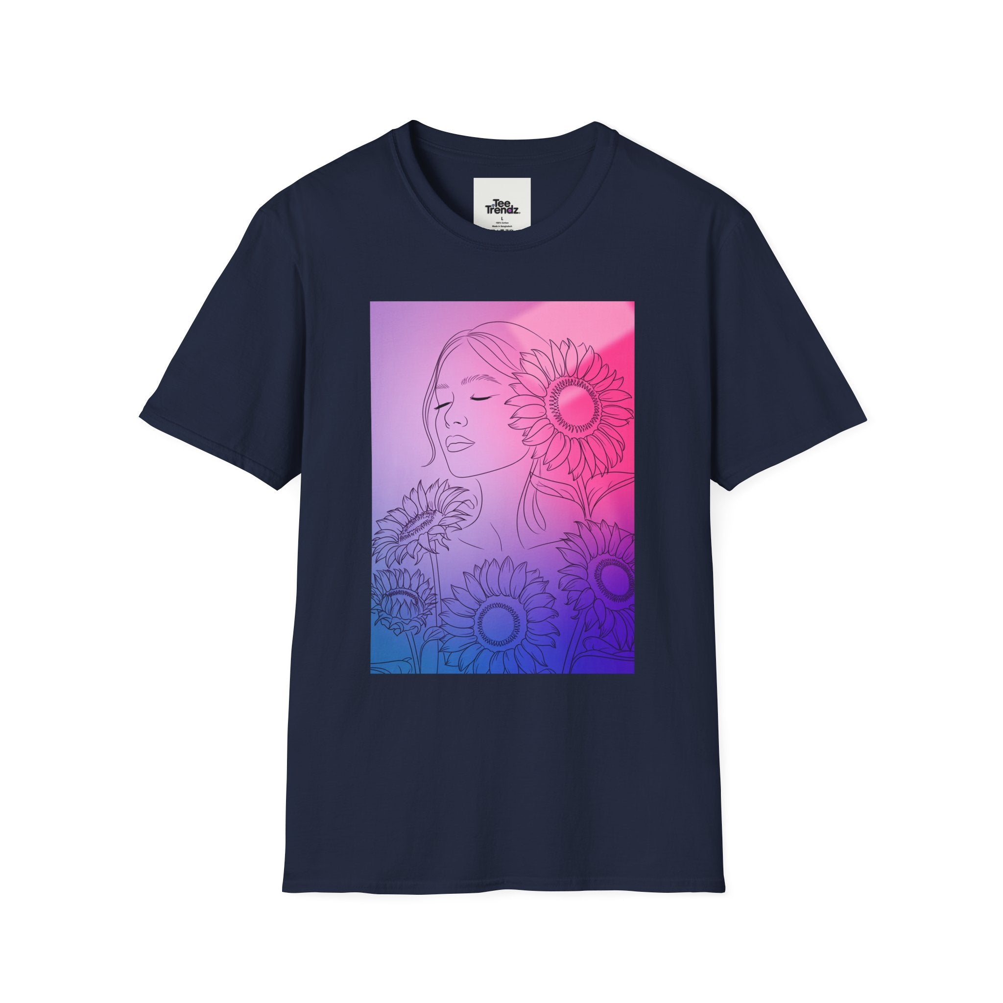Floral Muse Tee — Pink to Blue Gradient Sunflower Portrait T-Shirt