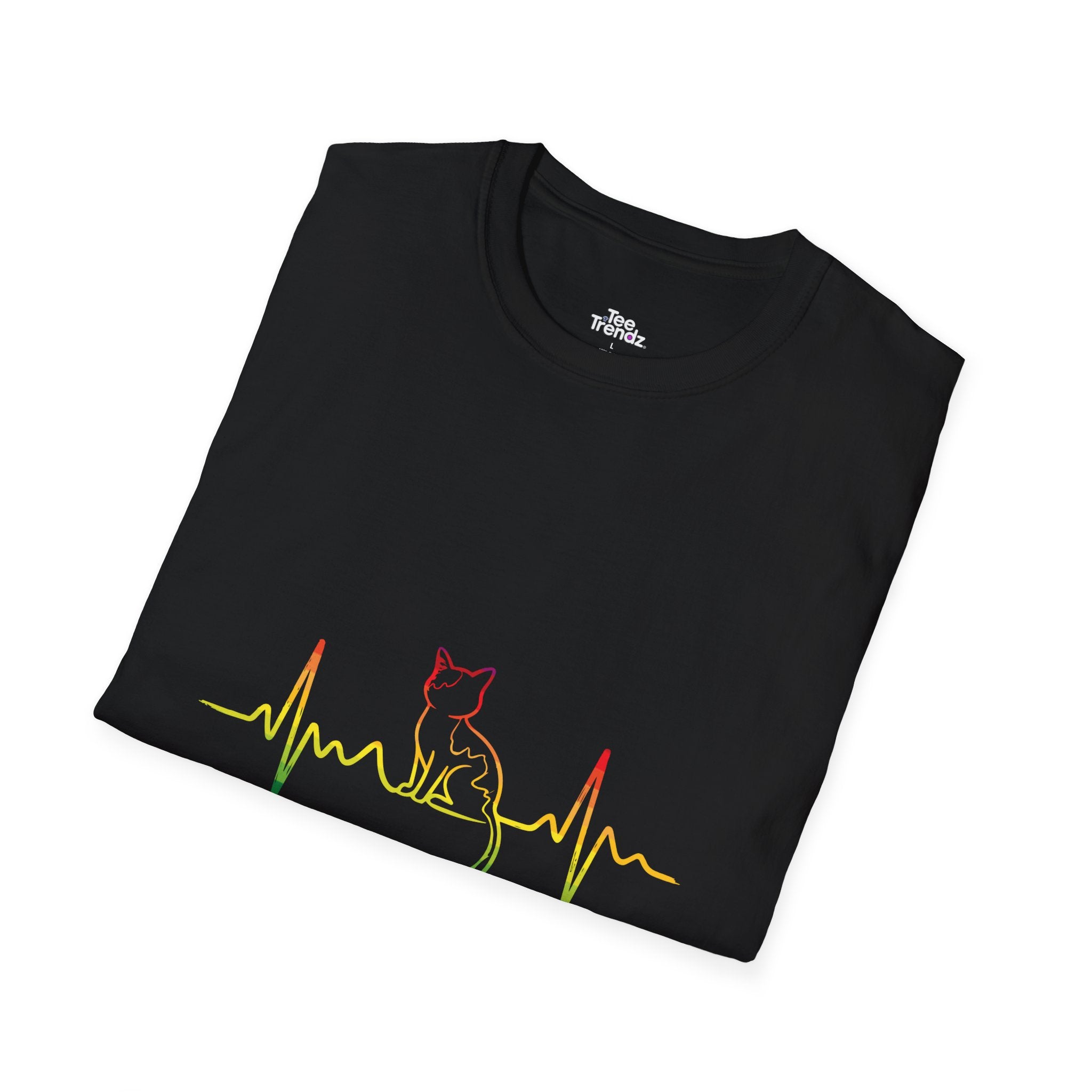 Cat Heartbeat T-Shirt — Rasta Outline Cat EKG Tee