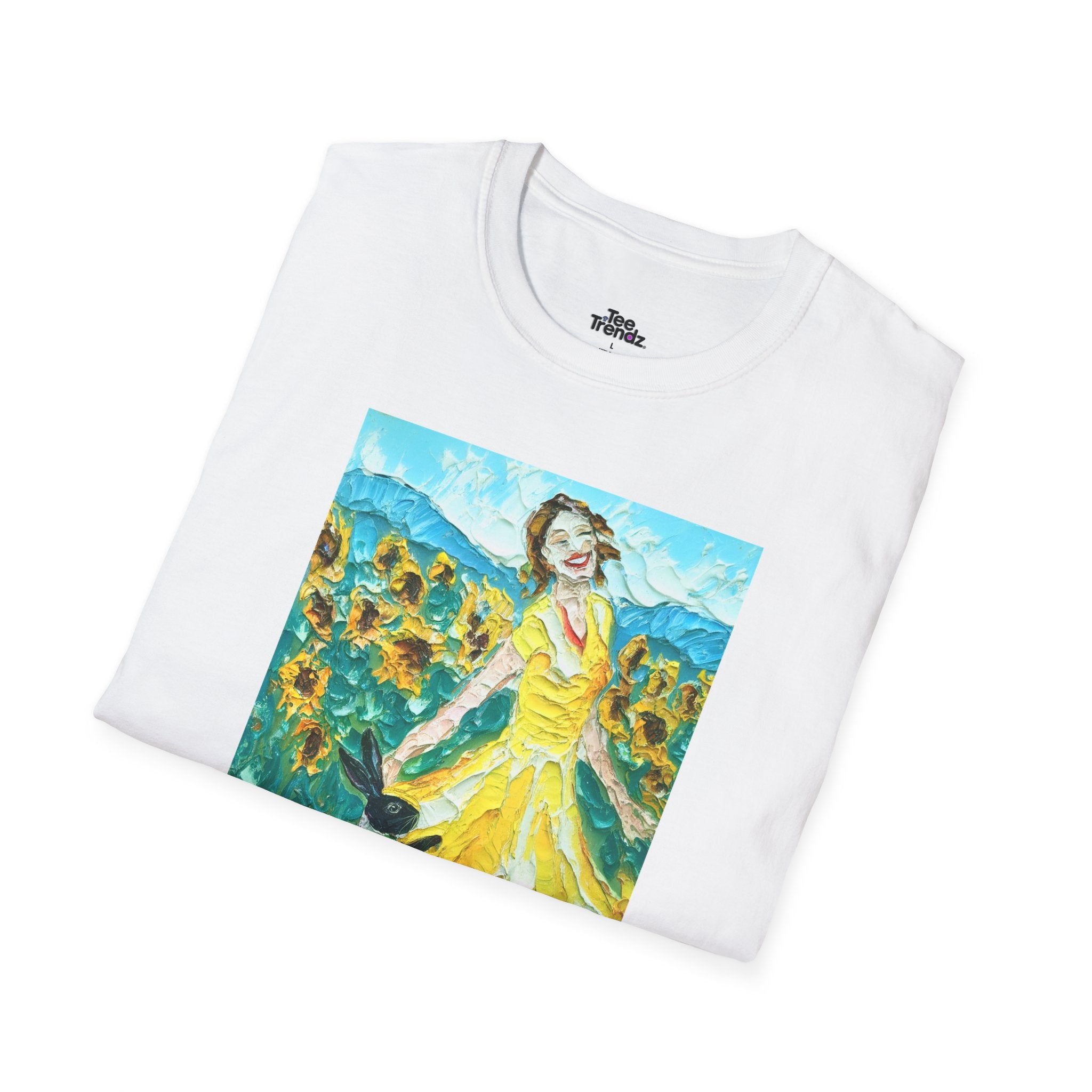 Sunflower Field Dress T-Shirt — Whimsical Girl & Dog Art Tee