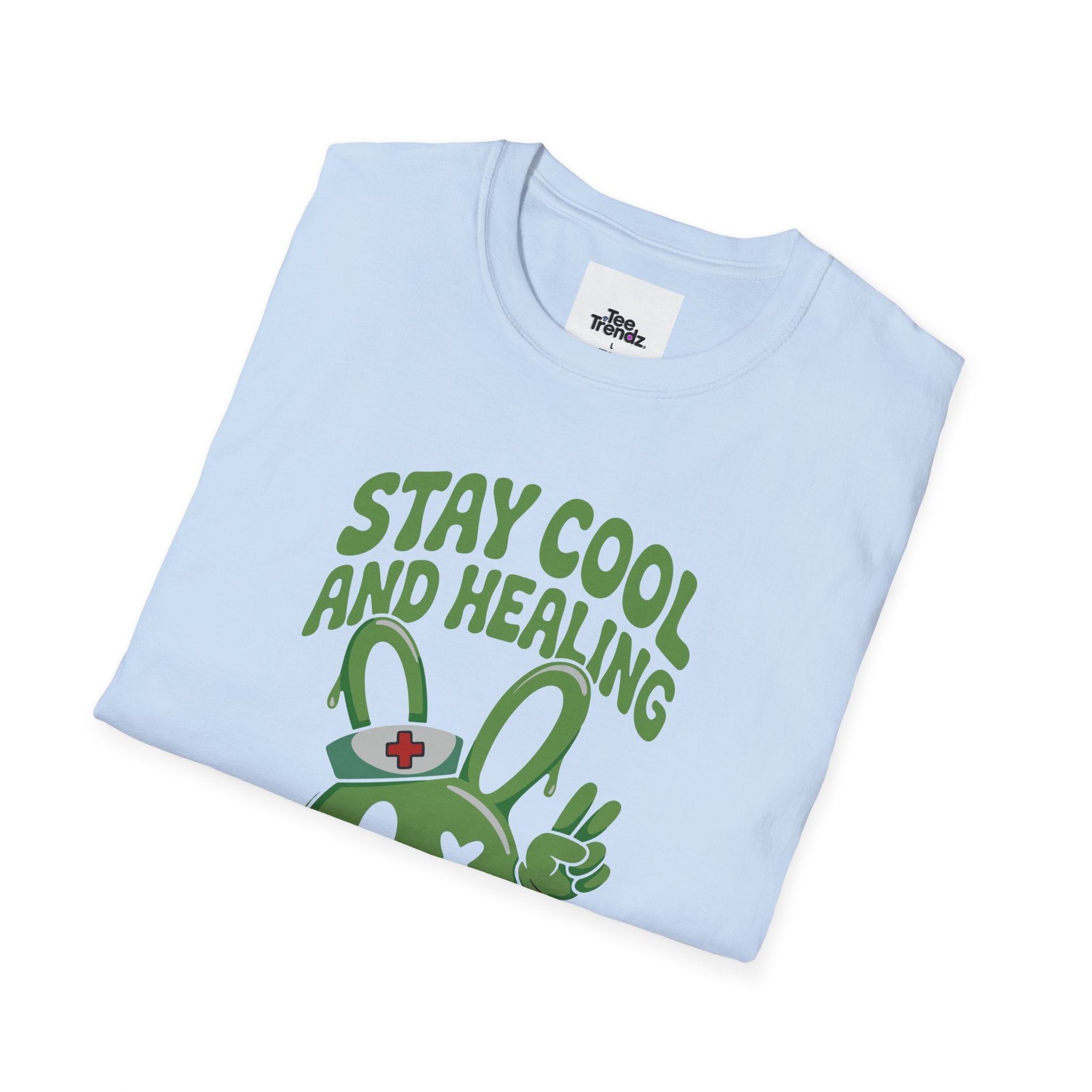 Stay Cool and Healing Graphic T-Shirt — Cute Green Bunny Peace Tee