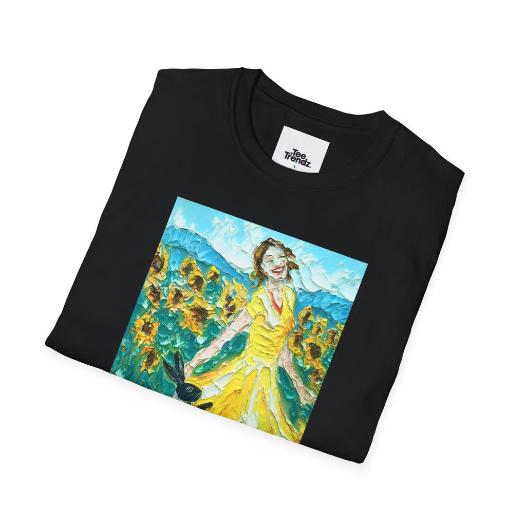 Sunflower Field Dress T-Shirt — Whimsical Girl & Dog Art Tee