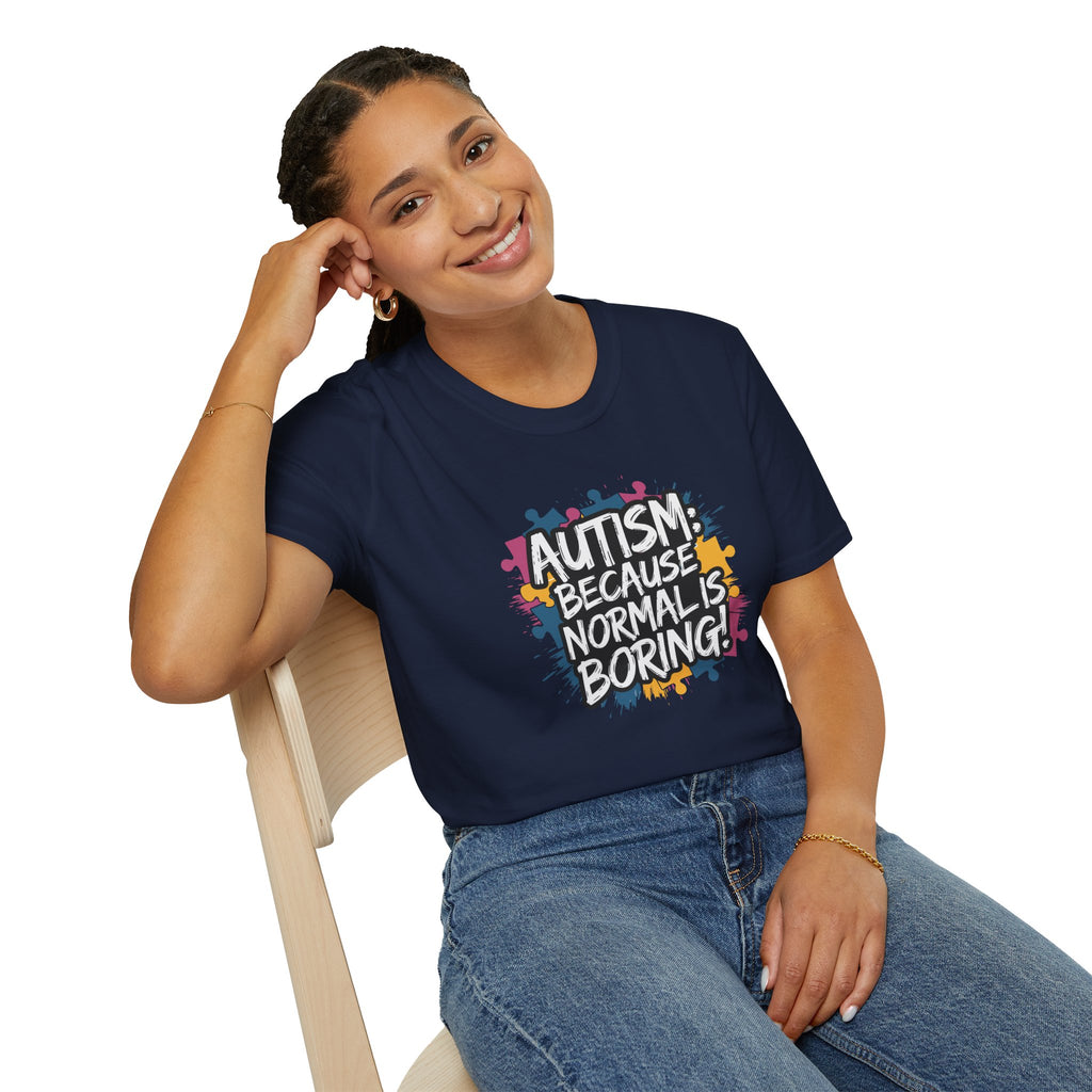 Autism Because Normal Is Boring T-Shirt — Colorful Puzzle Piece Awareness Tee