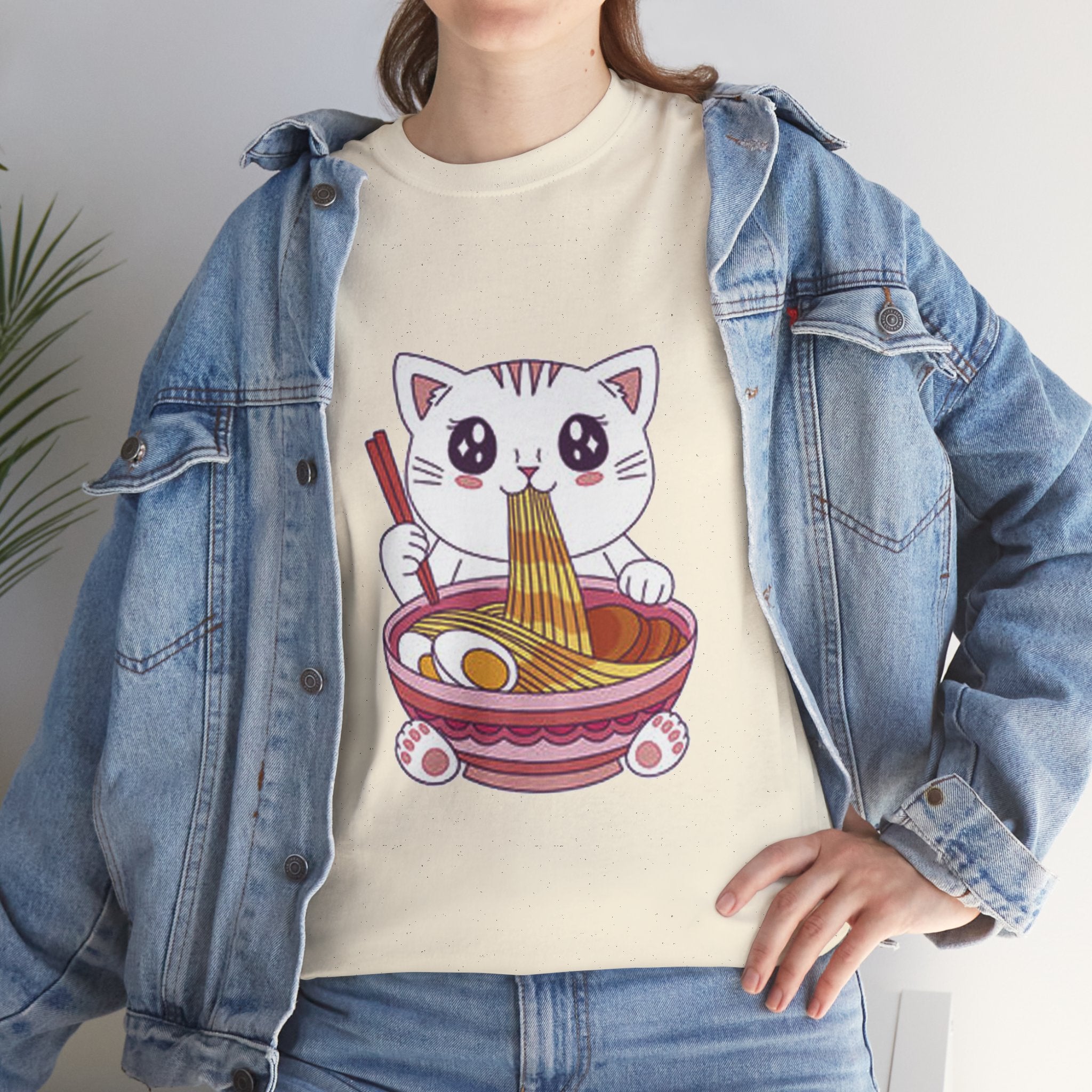 Cute Cat Ramen Tee – Kawaii Kitty Eating Noodles Graphic Shirt