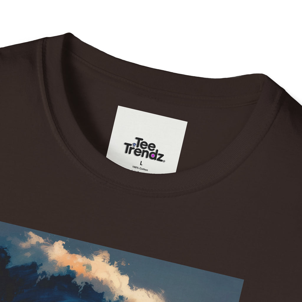 T-Shirt - Retro Beach Surf Scene with Giant Wave and Relaxing Skeleton (Vintage Coastal Vibe)