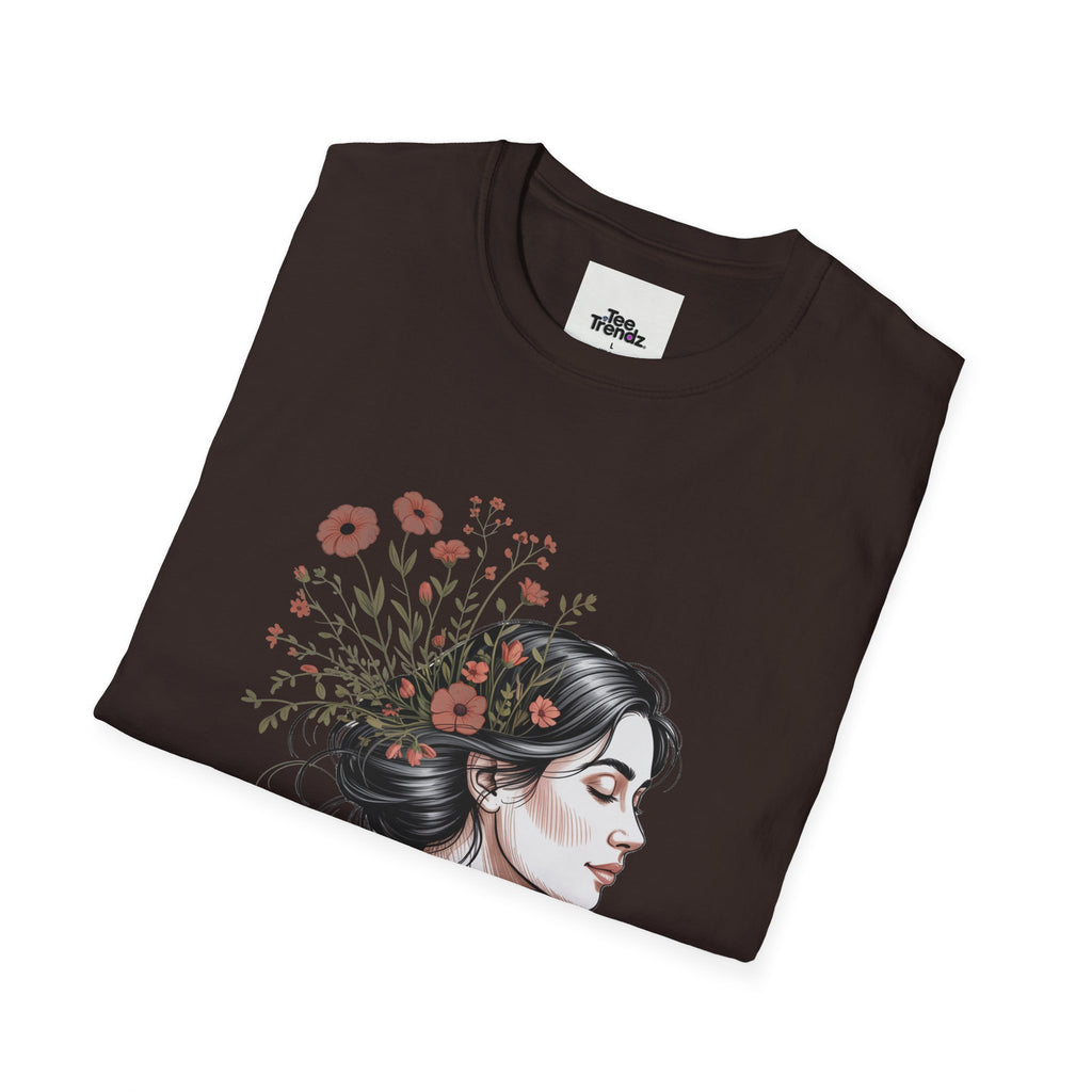 T-Shirt — "Rooted & Wild" Floral Woman Illustration | Boho Nature Tee for Women
