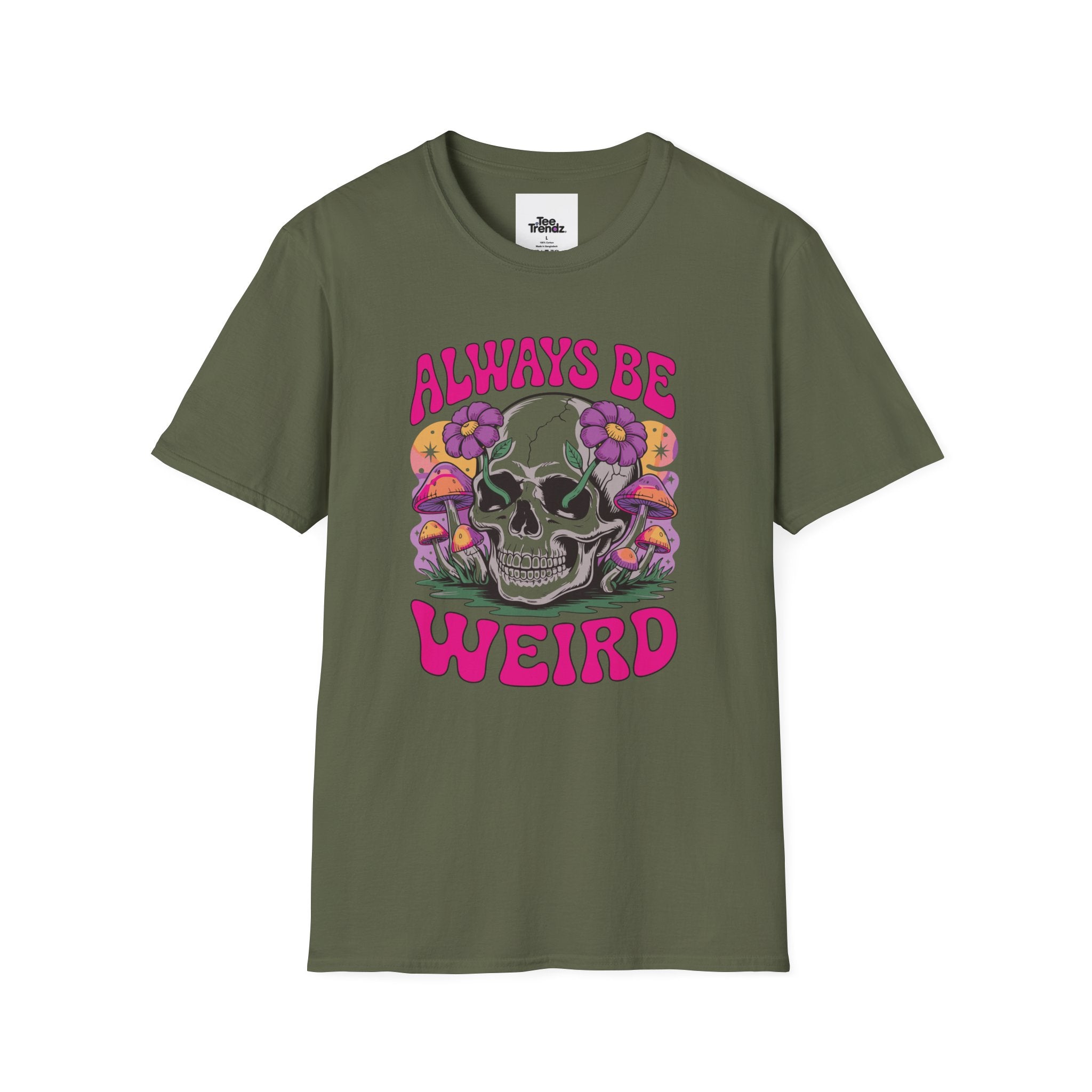 Skull & Mushrooms T-Shirt — "Always Be Weird" Retro Graphic Tee