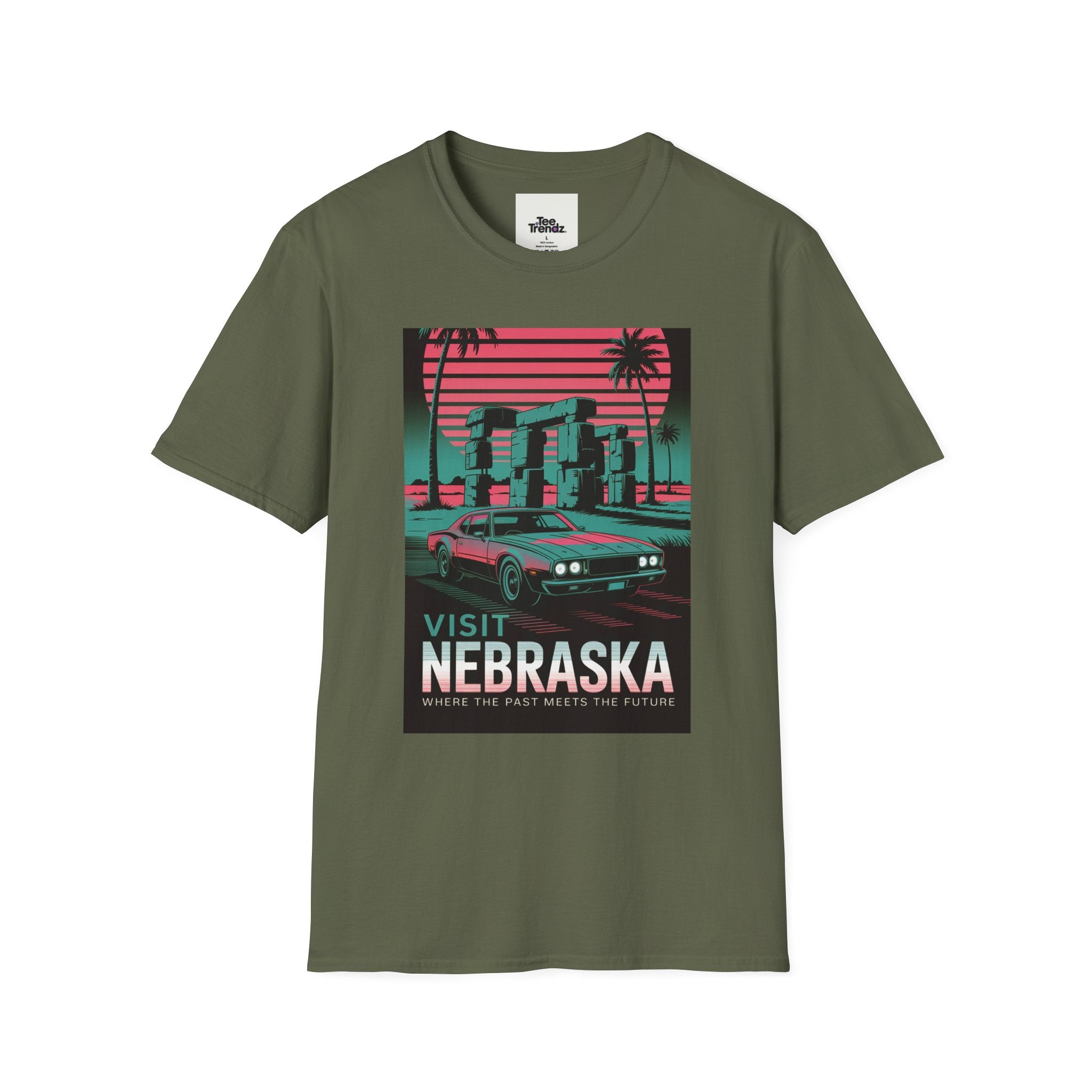 Visit Nebraska Retro T-Shirt — Neon Vintage Roadtrip Poster Design