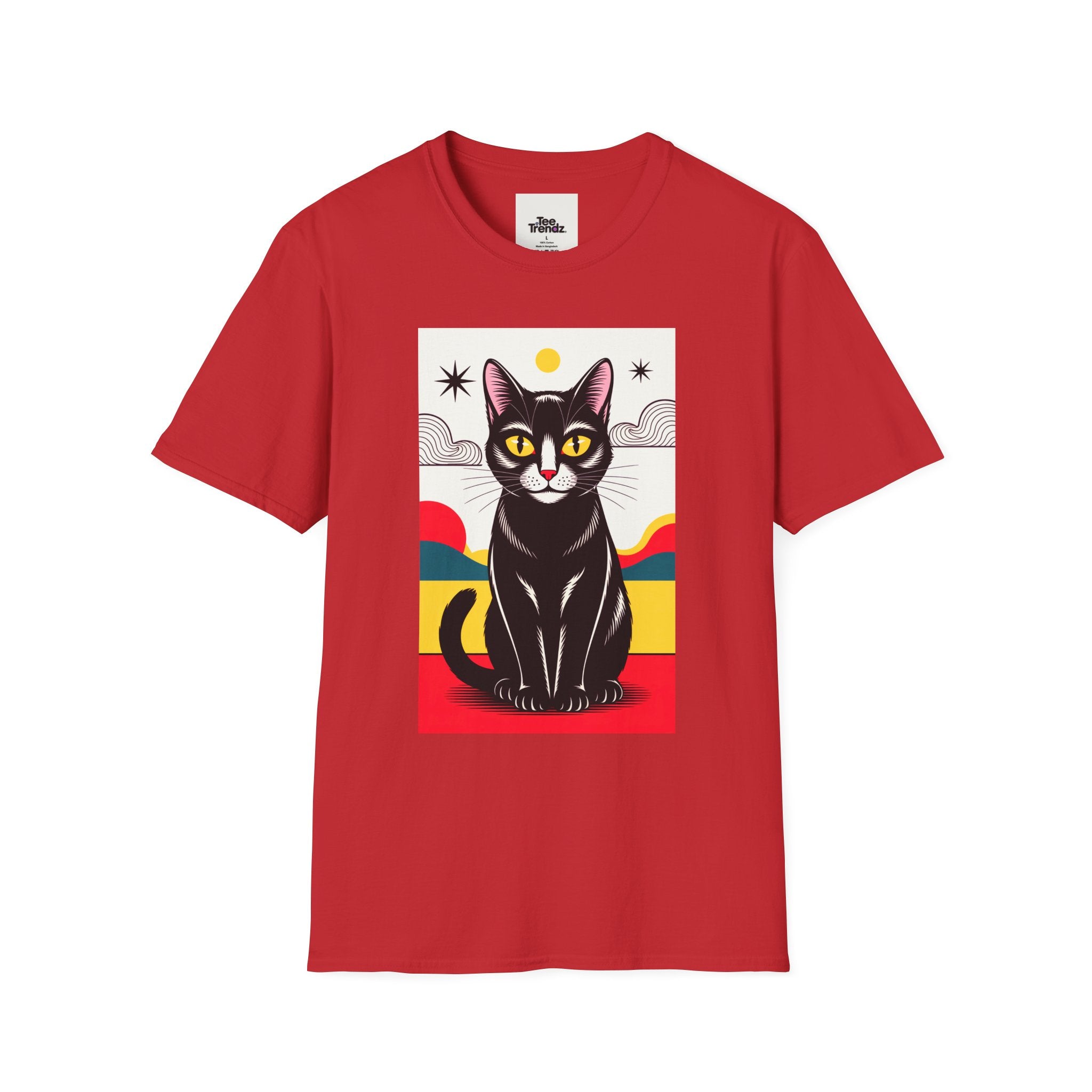 Black Cat Graphic T-Shirt — Retro Sunset Cat Illustration