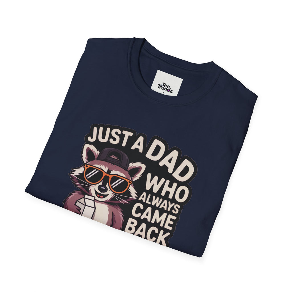 Dad T-Shirt — “Just a Dad Who Always Came Back With the Milk” Vintage Raccoon Design
