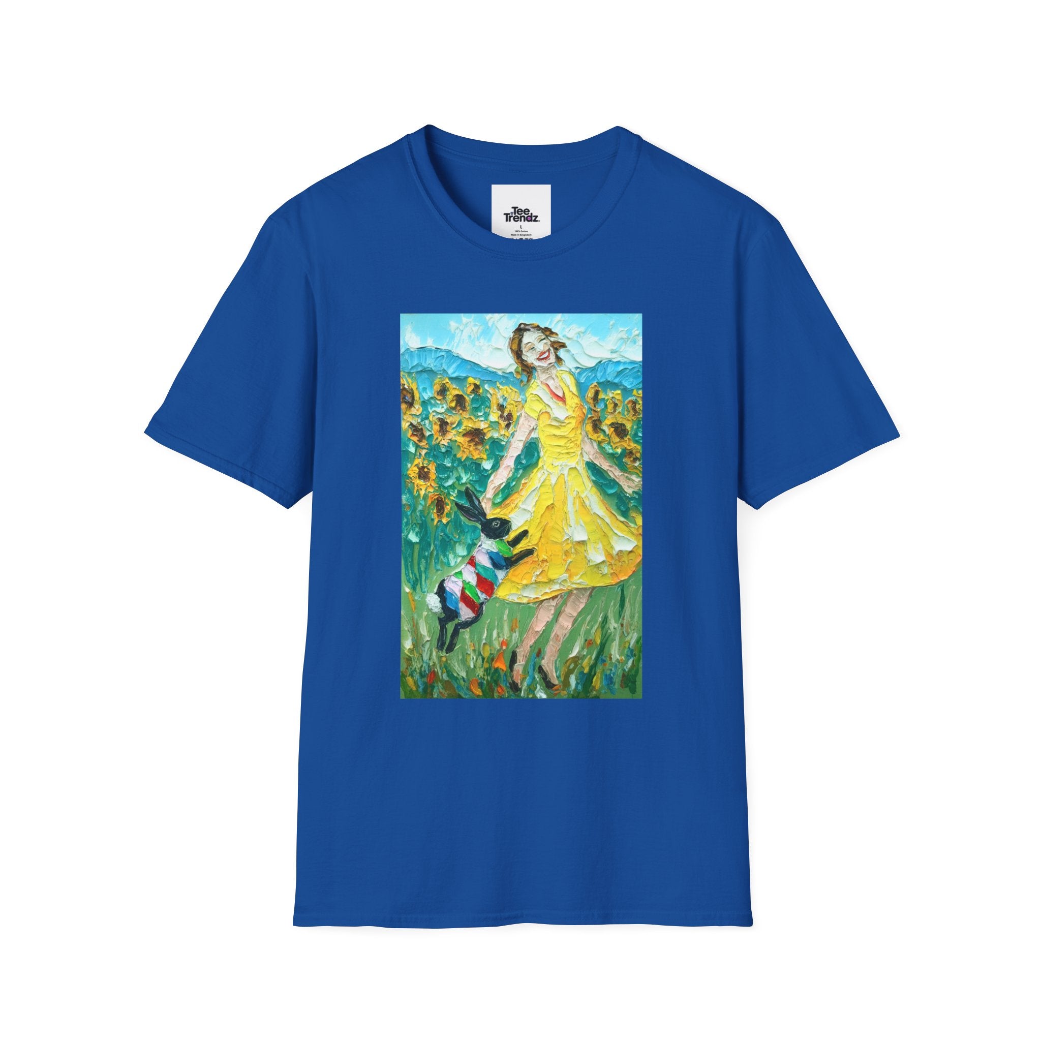 Sunflower Field Dress T-Shirt — Whimsical Girl & Dog Art Tee