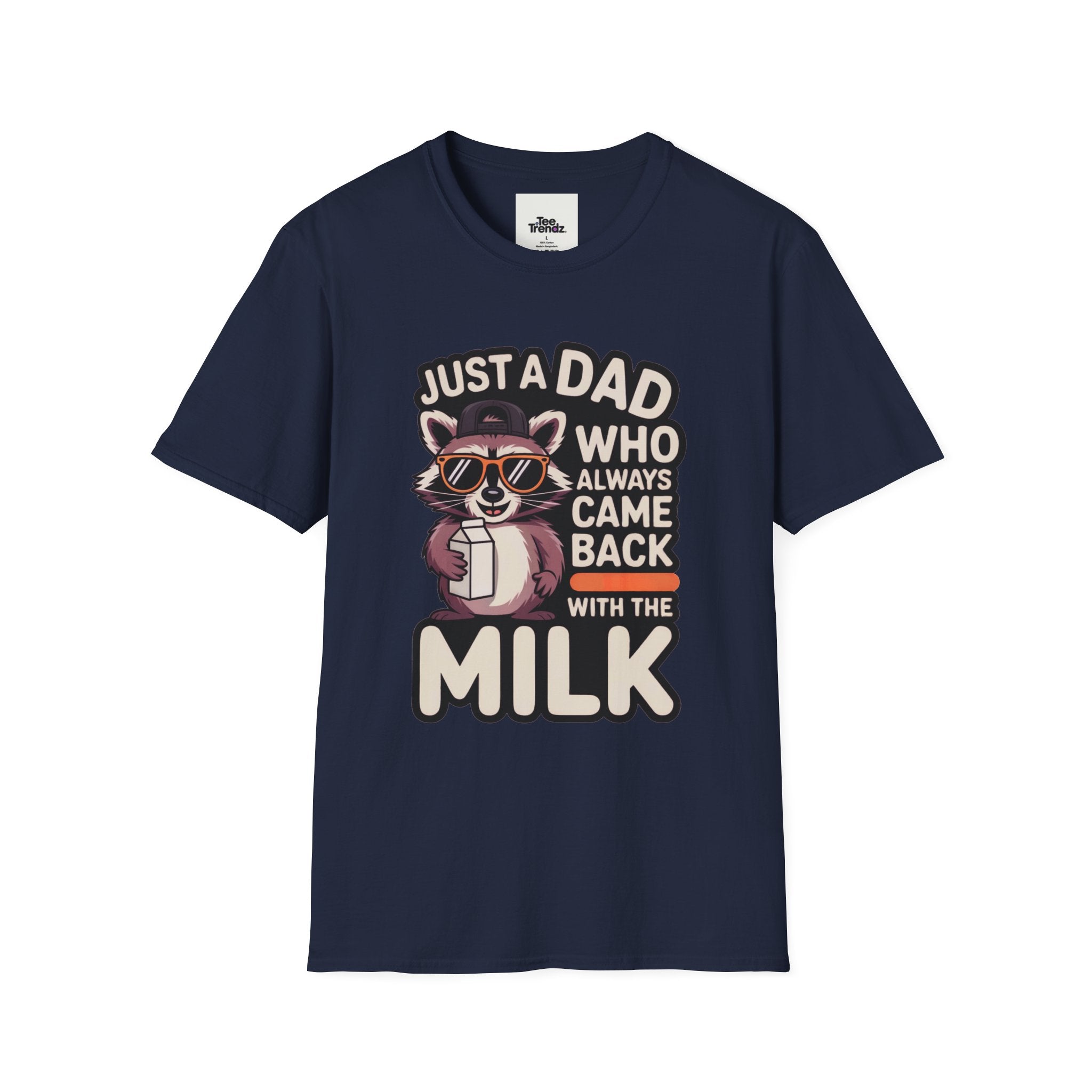Dad T-Shirt — “Just a Dad Who Always Came Back With the Milk” Vintage Raccoon Design