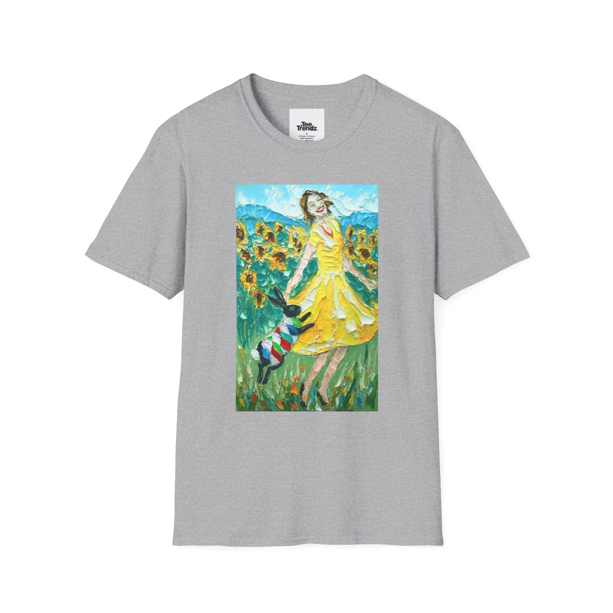 Sunflower Field Dress T-Shirt — Whimsical Girl & Dog Art Tee