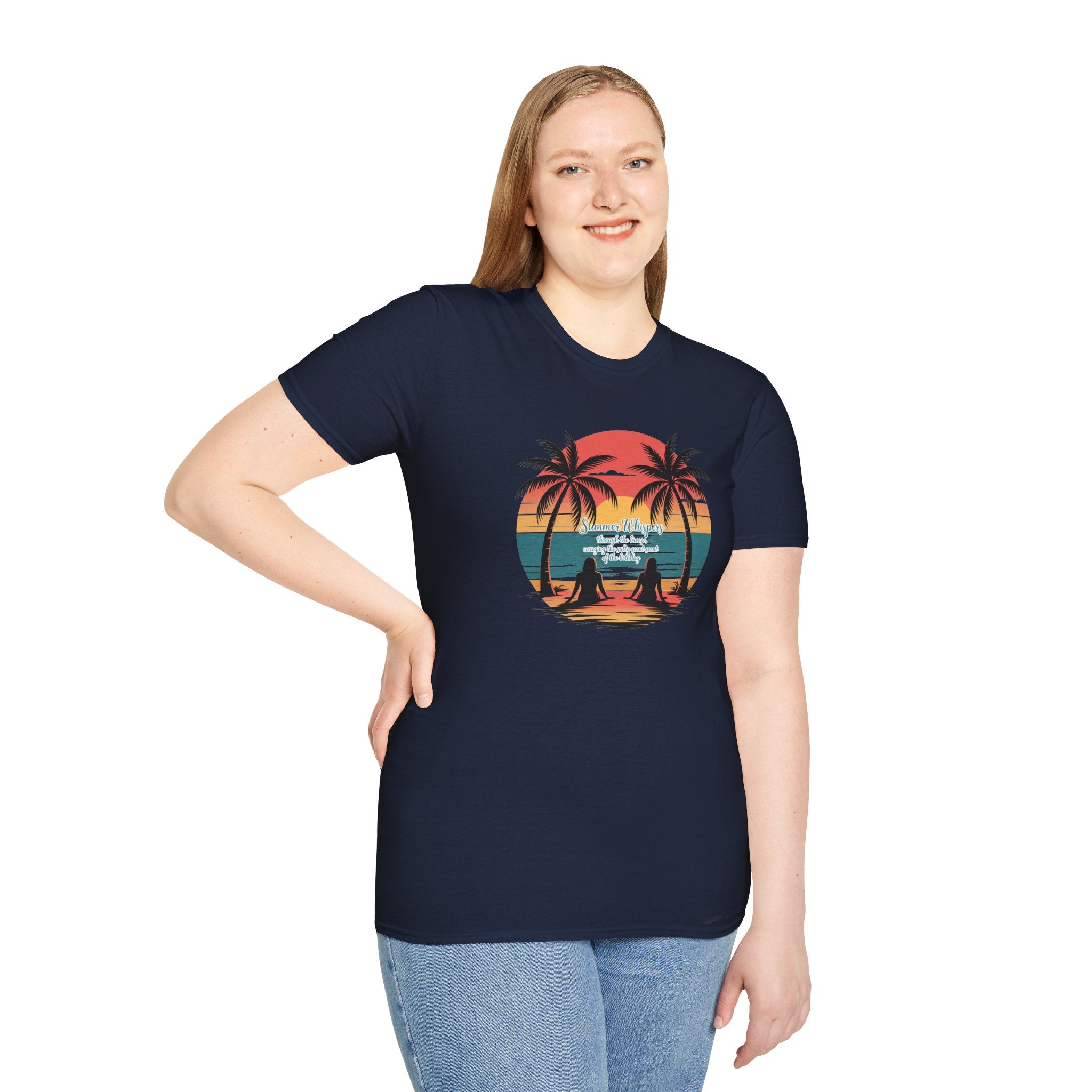 Beach Sunset T-Shirt — Couples Silhouette Palm Tree Graphic Tee (Vintage Rainbow Stripes)