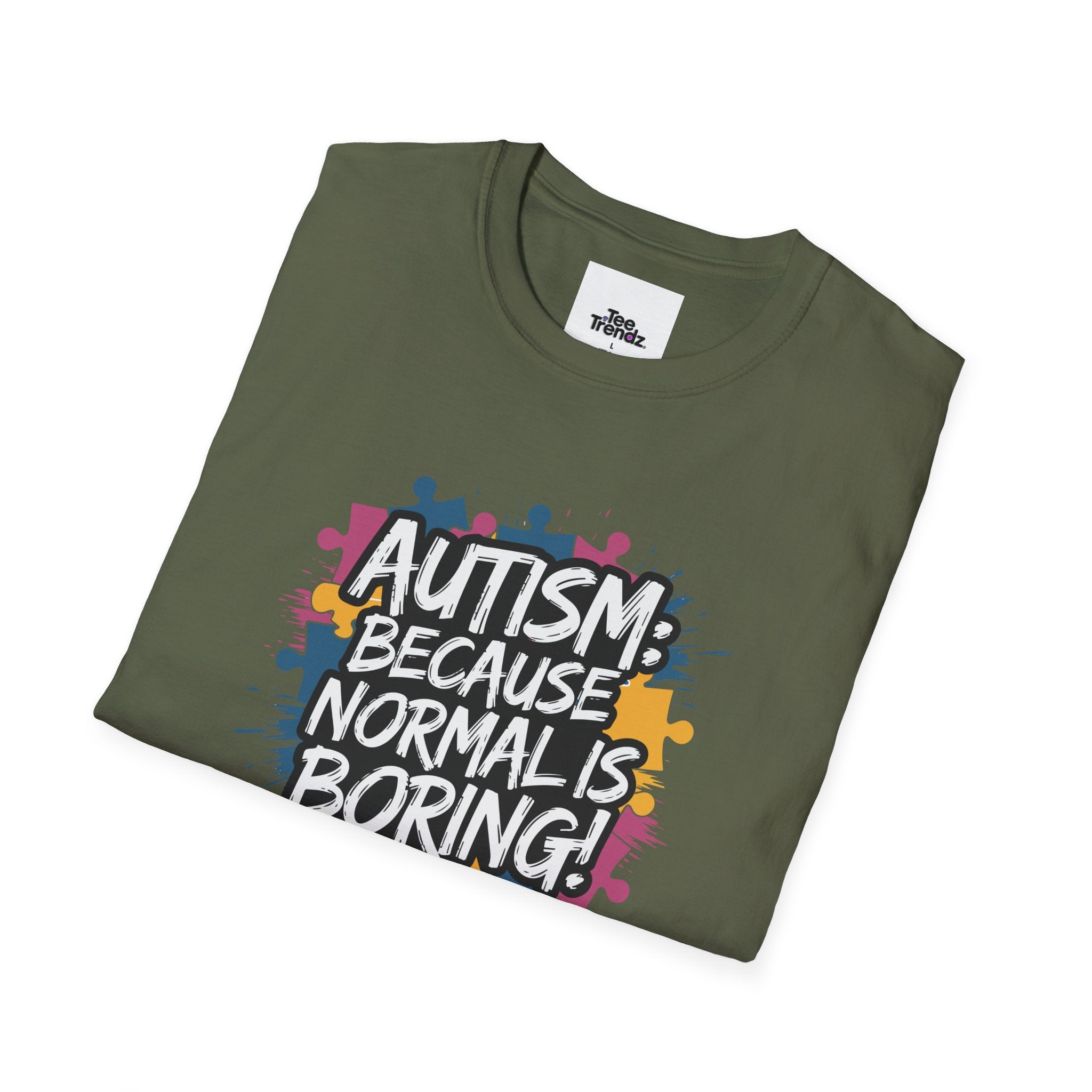 Autism Because Normal Is Boring T-Shirt — Colorful Puzzle Piece Awareness Tee
