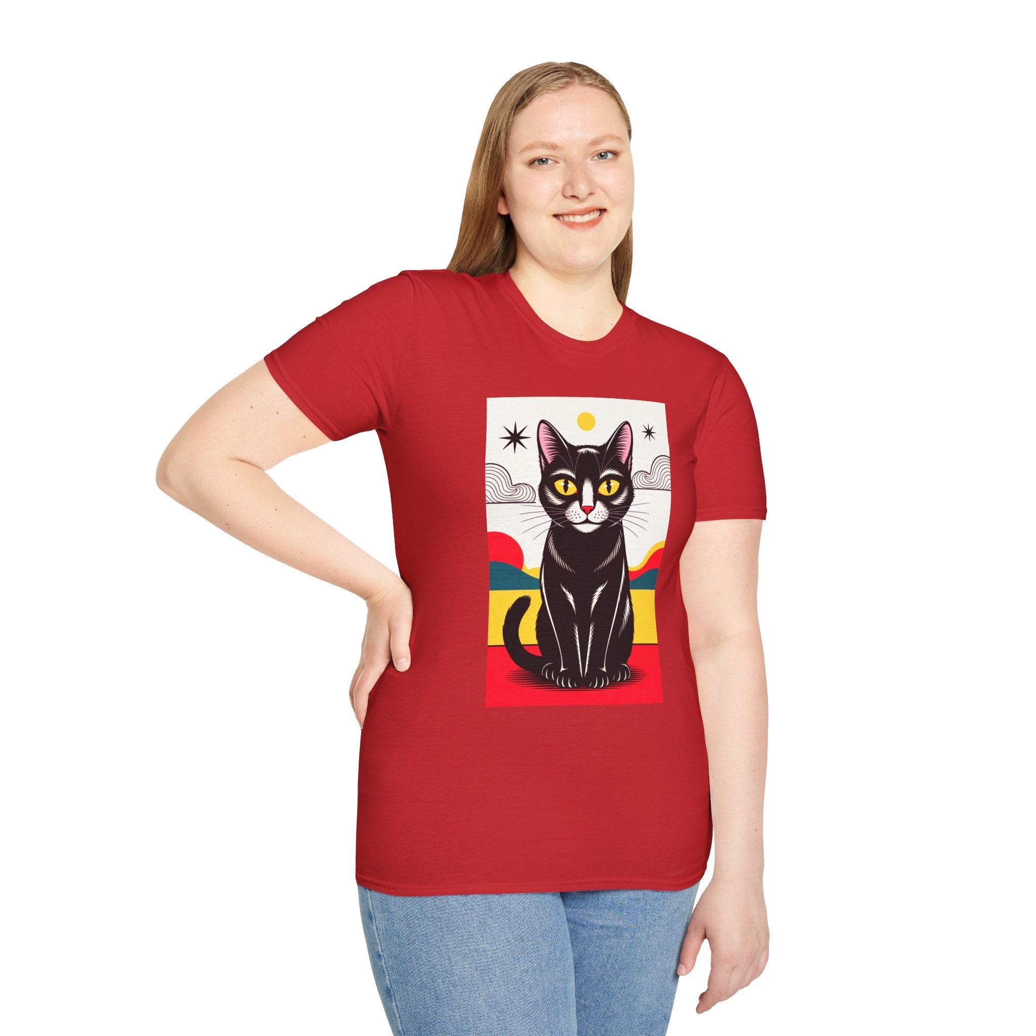Black Cat Graphic T-Shirt — Retro Sunset Cat Illustration