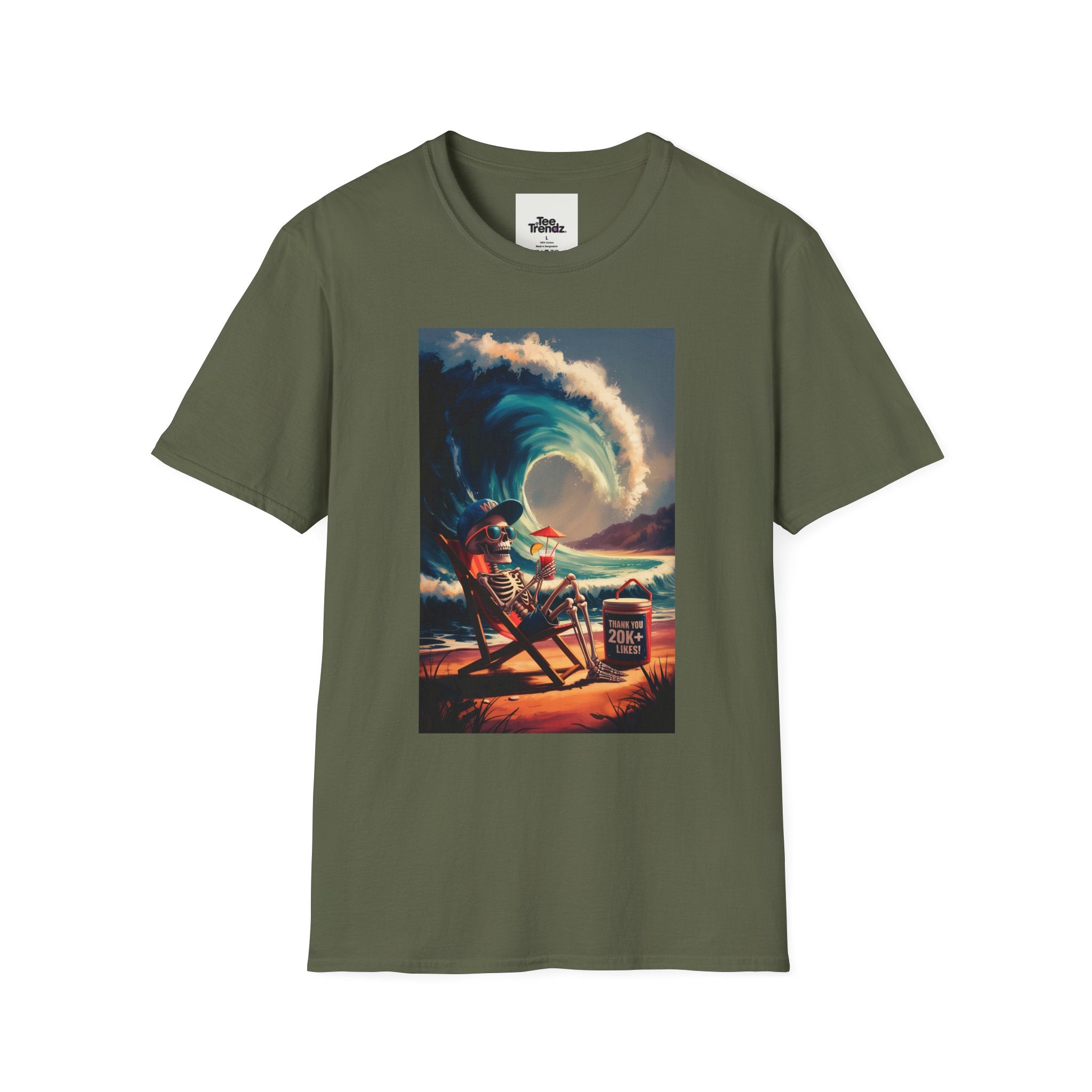 T-Shirt - Retro Beach Surf Scene with Giant Wave and Relaxing Skeleton (Vintage Coastal Vibe)