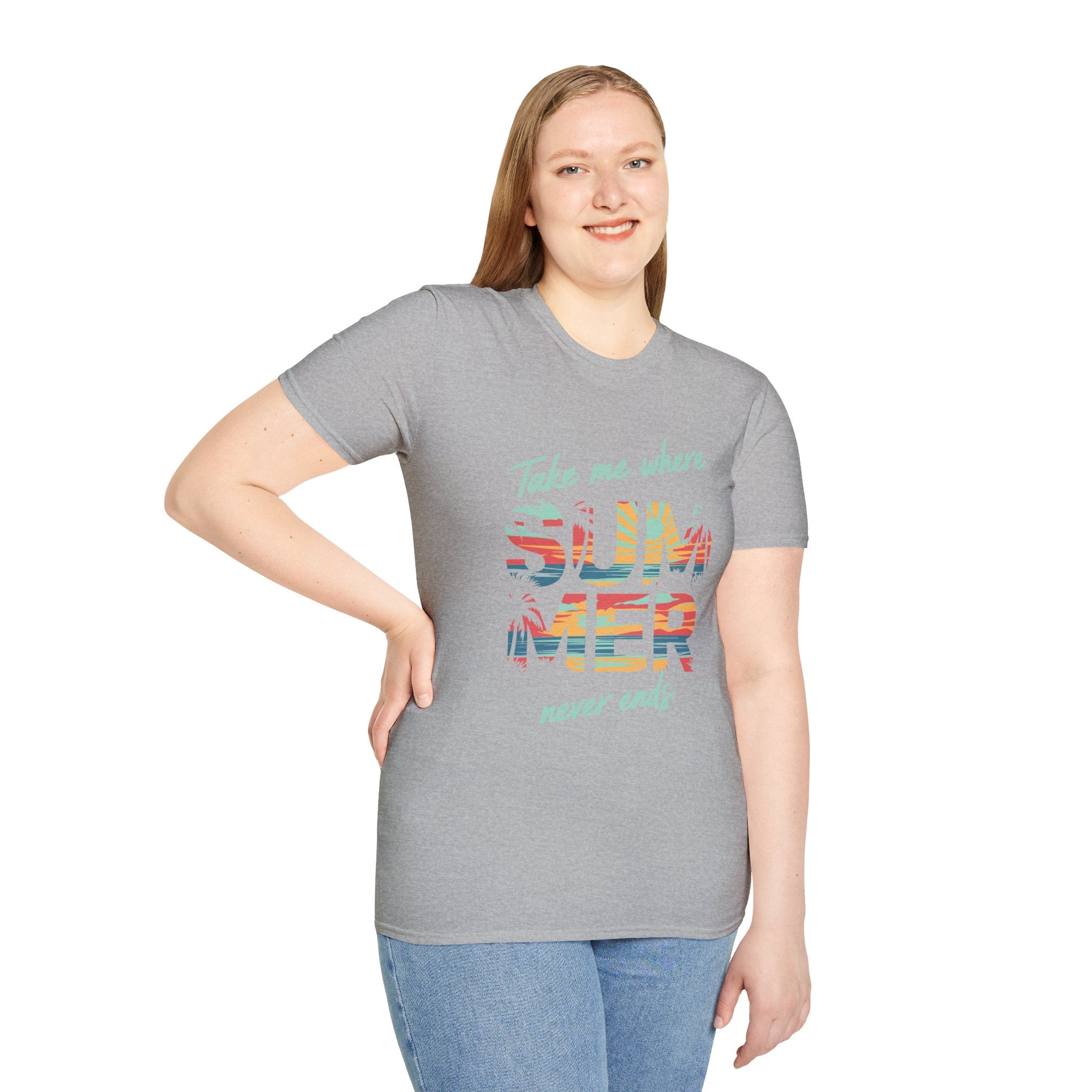 Summer Never Ends T-Shirt — "Take Me Where Summer Never Ends" Beach Vibes Tee