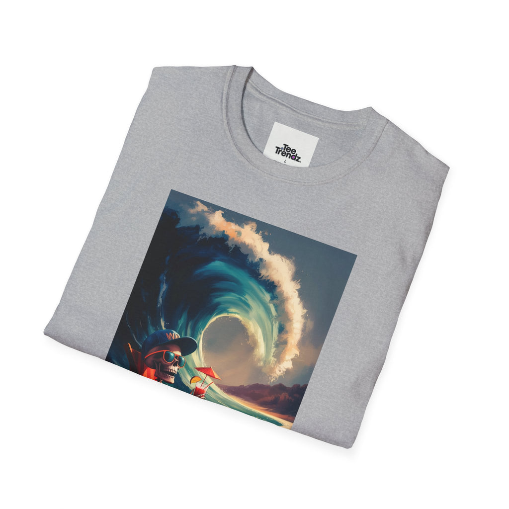 T-Shirt - Retro Beach Surf Scene with Giant Wave and Relaxing Skeleton (Vintage Coastal Vibe)