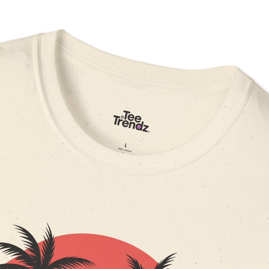 Beach Sunset T-Shirt — Couples Silhouette Palm Tree Graphic Tee (Vintage Rainbow Stripes)