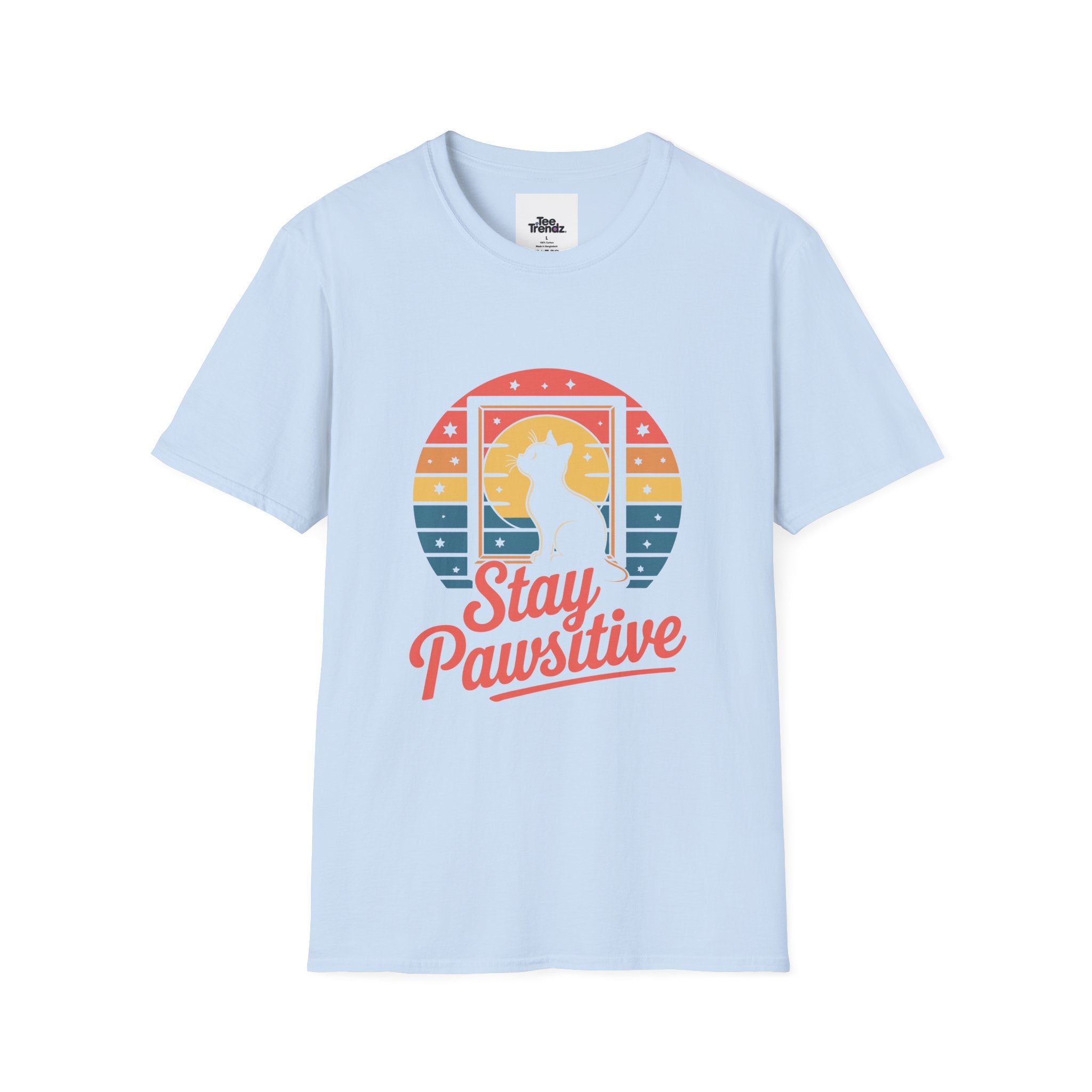 Stay Pawsitive Cat T-Shirt — Retro Rainbow Cat Graphic Tee