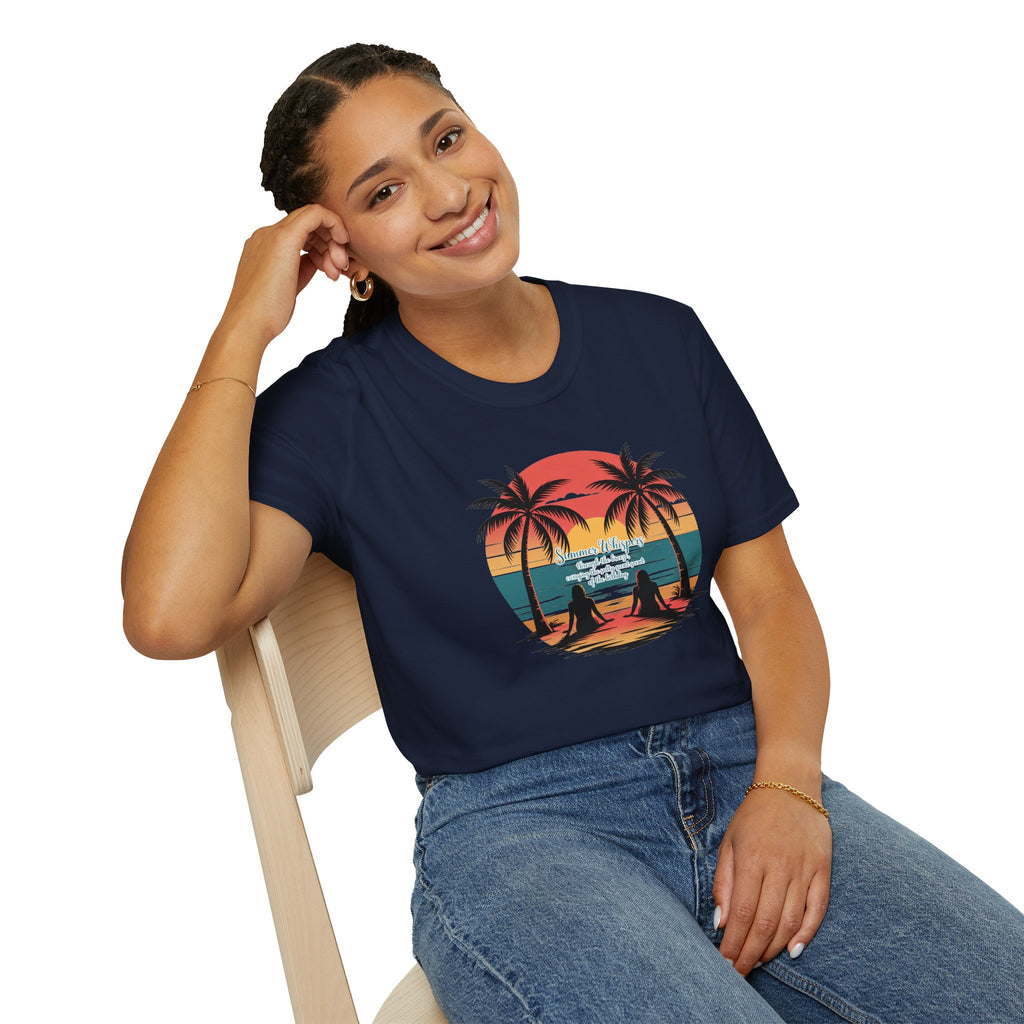 Beach Sunset T-Shirt — Couples Silhouette Palm Tree Graphic Tee (Vintage Rainbow Stripes)