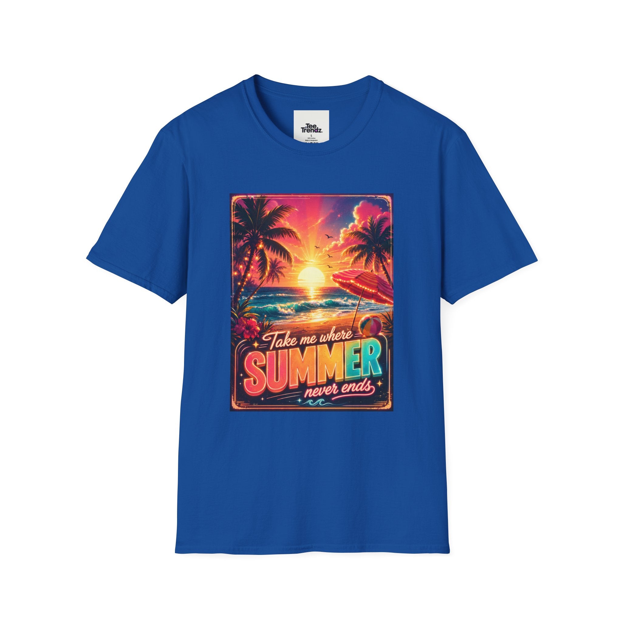 Summer Never Ends T-Shirt — Retro Tropical Sunset Beach Tee