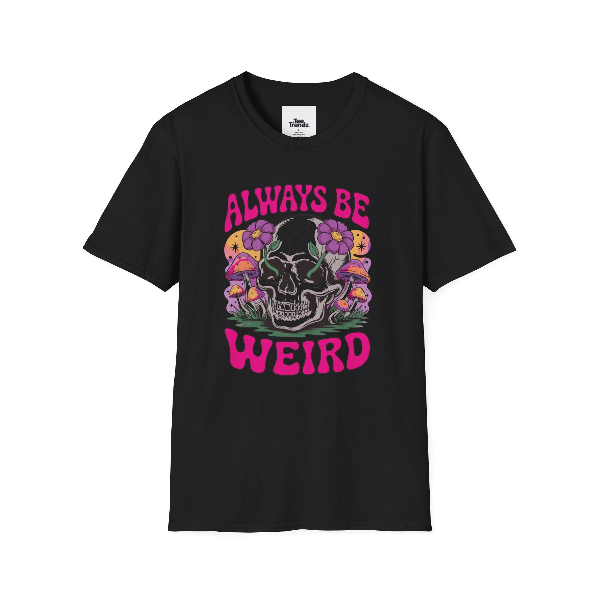 Skull & Mushrooms T-Shirt — "Always Be Weird" Retro Graphic Tee