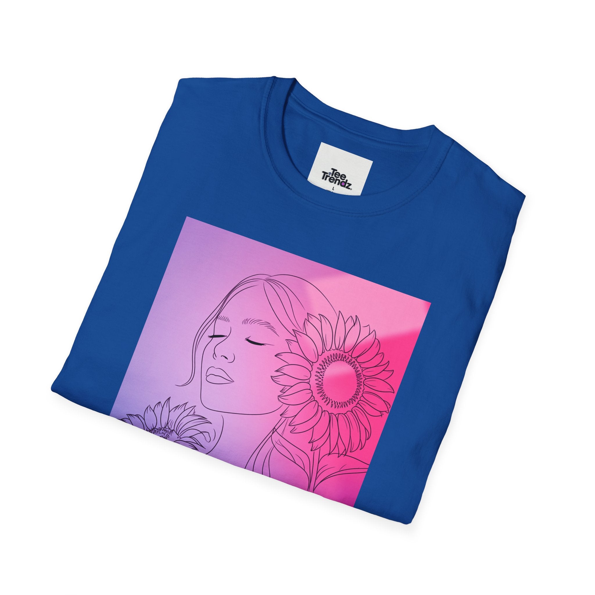 Floral Muse Tee — Pink to Blue Gradient Sunflower Portrait T-Shirt