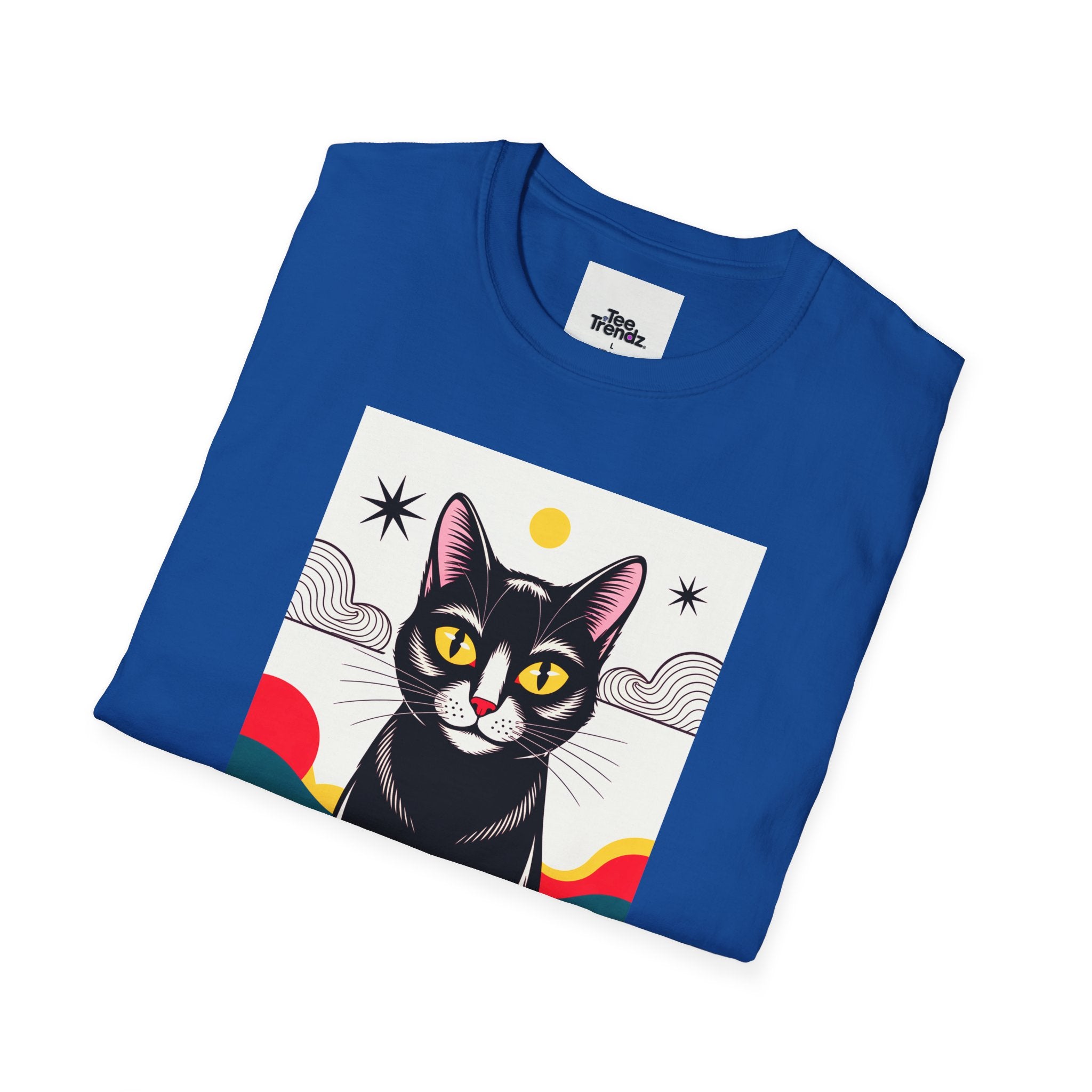 Black Cat Graphic T-Shirt — Retro Sunset Cat Illustration