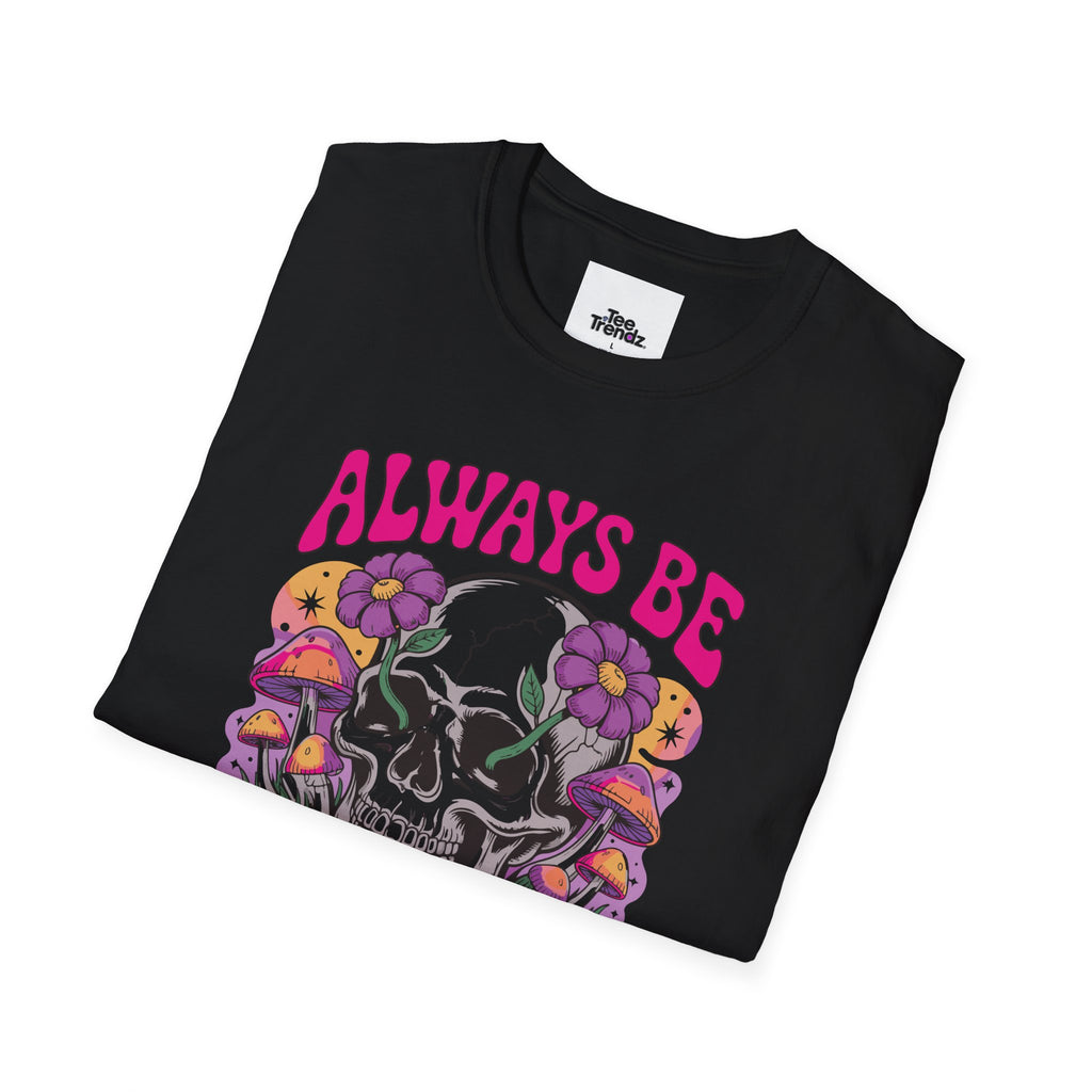 Skull & Mushrooms T-Shirt — "Always Be Weird" Retro Graphic Tee