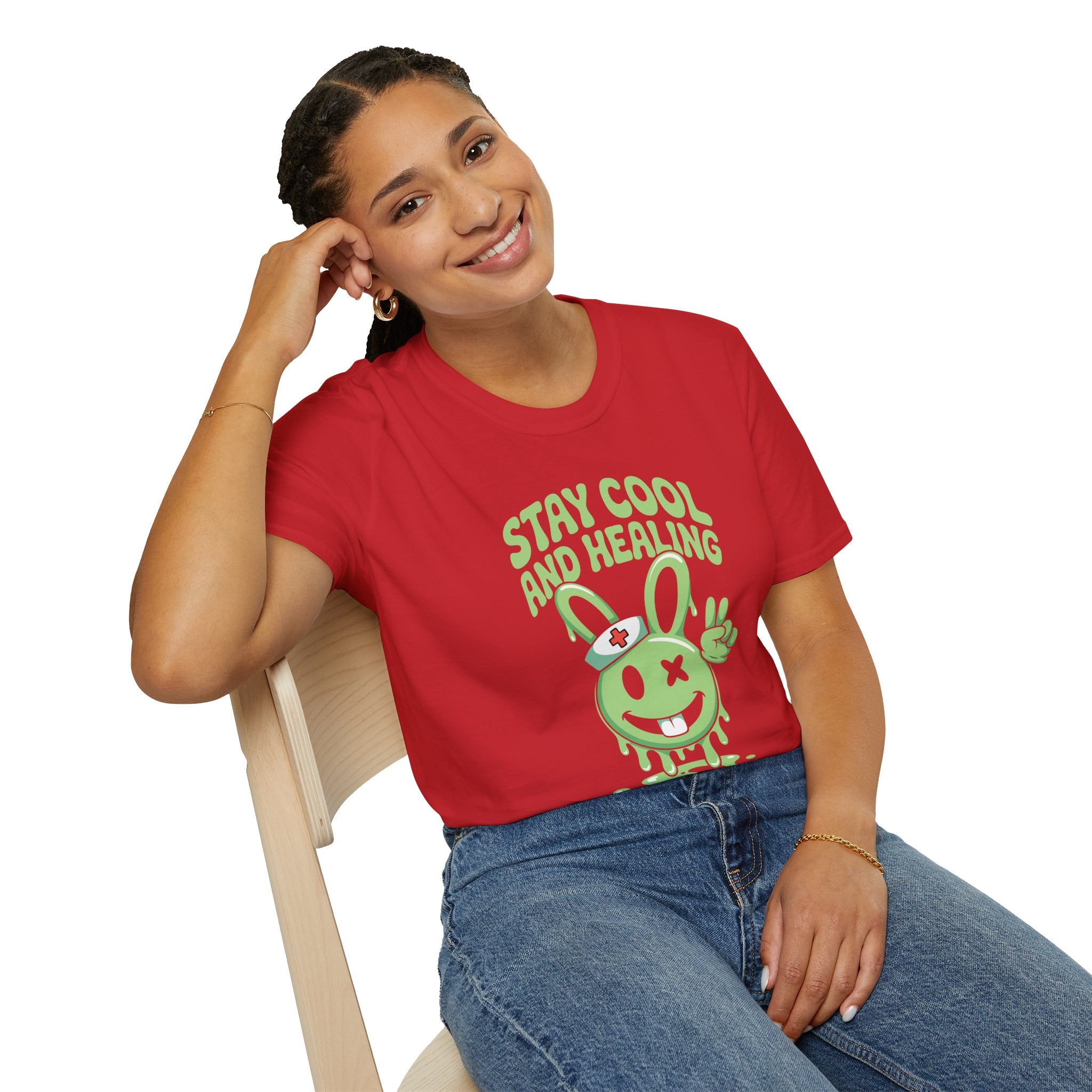 Stay Cool and Healing Graphic T-Shirt — Cute Green Bunny Peace Tee