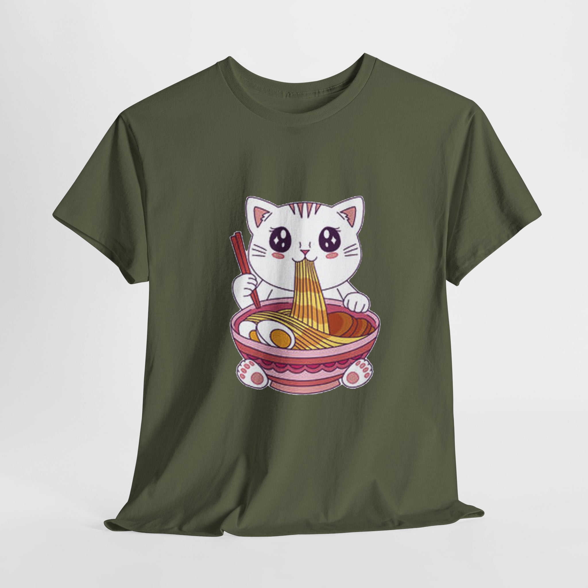 Cute Cat Ramen Tee – Kawaii Kitty Eating Noodles Graphic Shirt