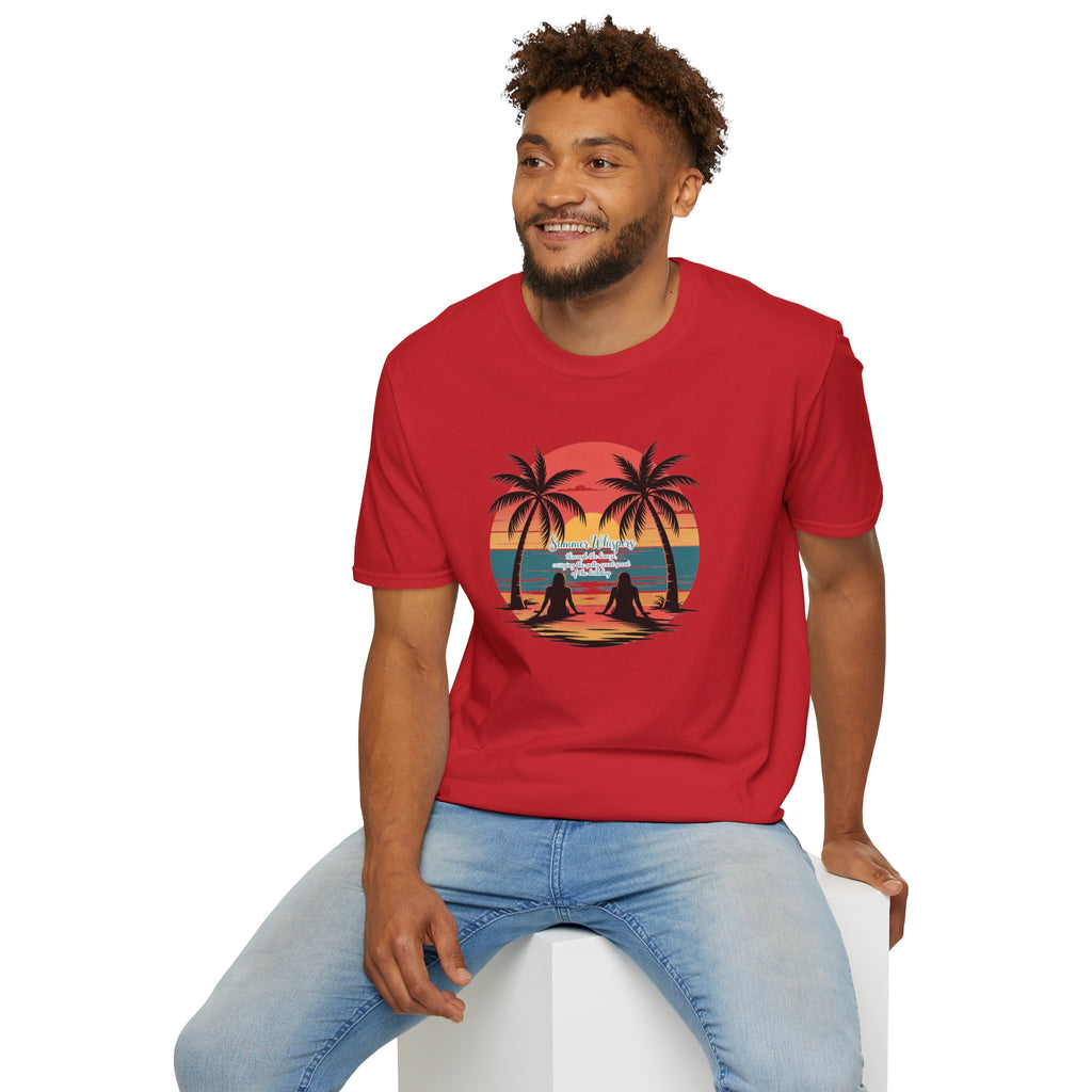 Beach Sunset T-Shirt — Couples Silhouette Palm Tree Graphic Tee (Vintage Rainbow Stripes)