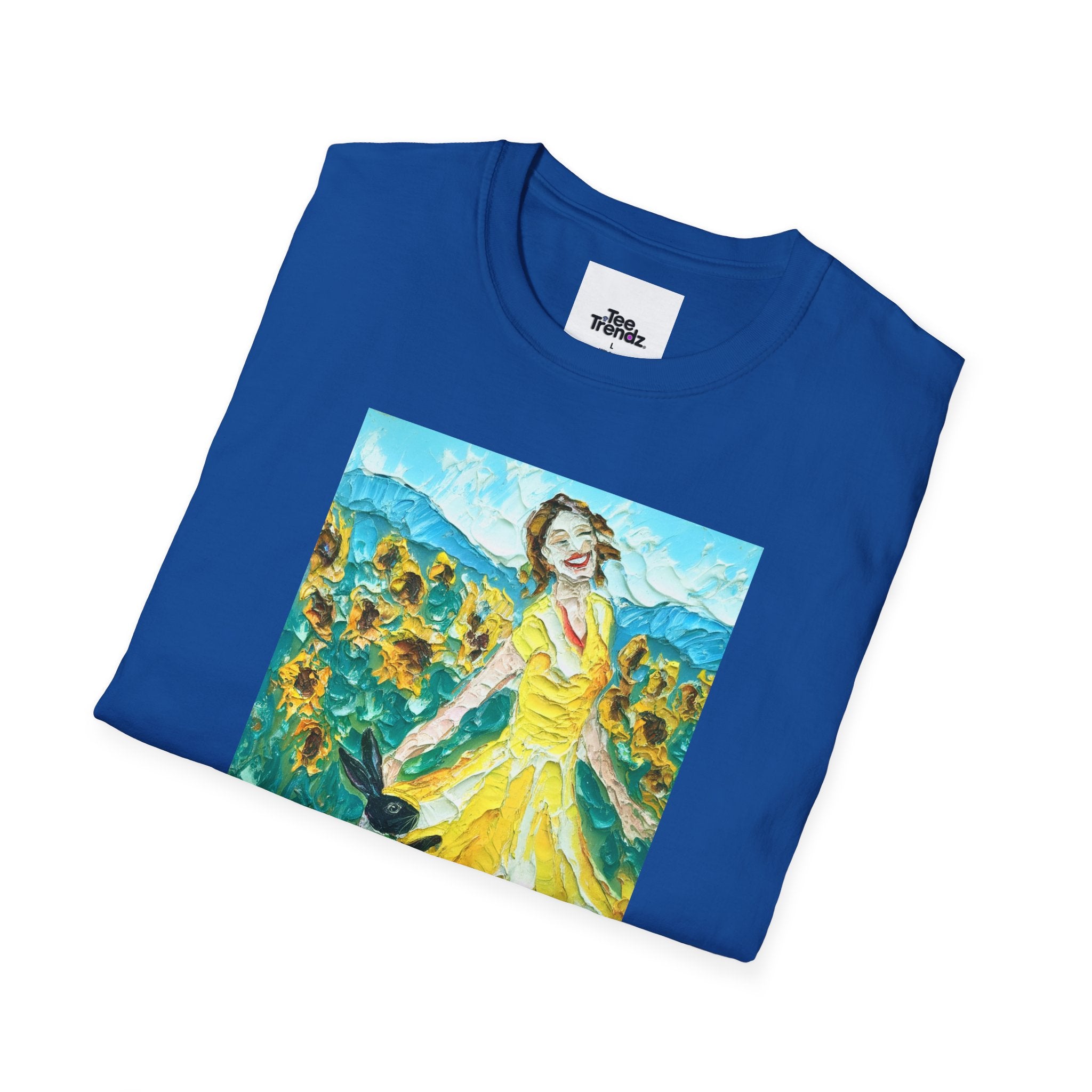 Sunflower Field Dress T-Shirt — Whimsical Girl & Dog Art Tee